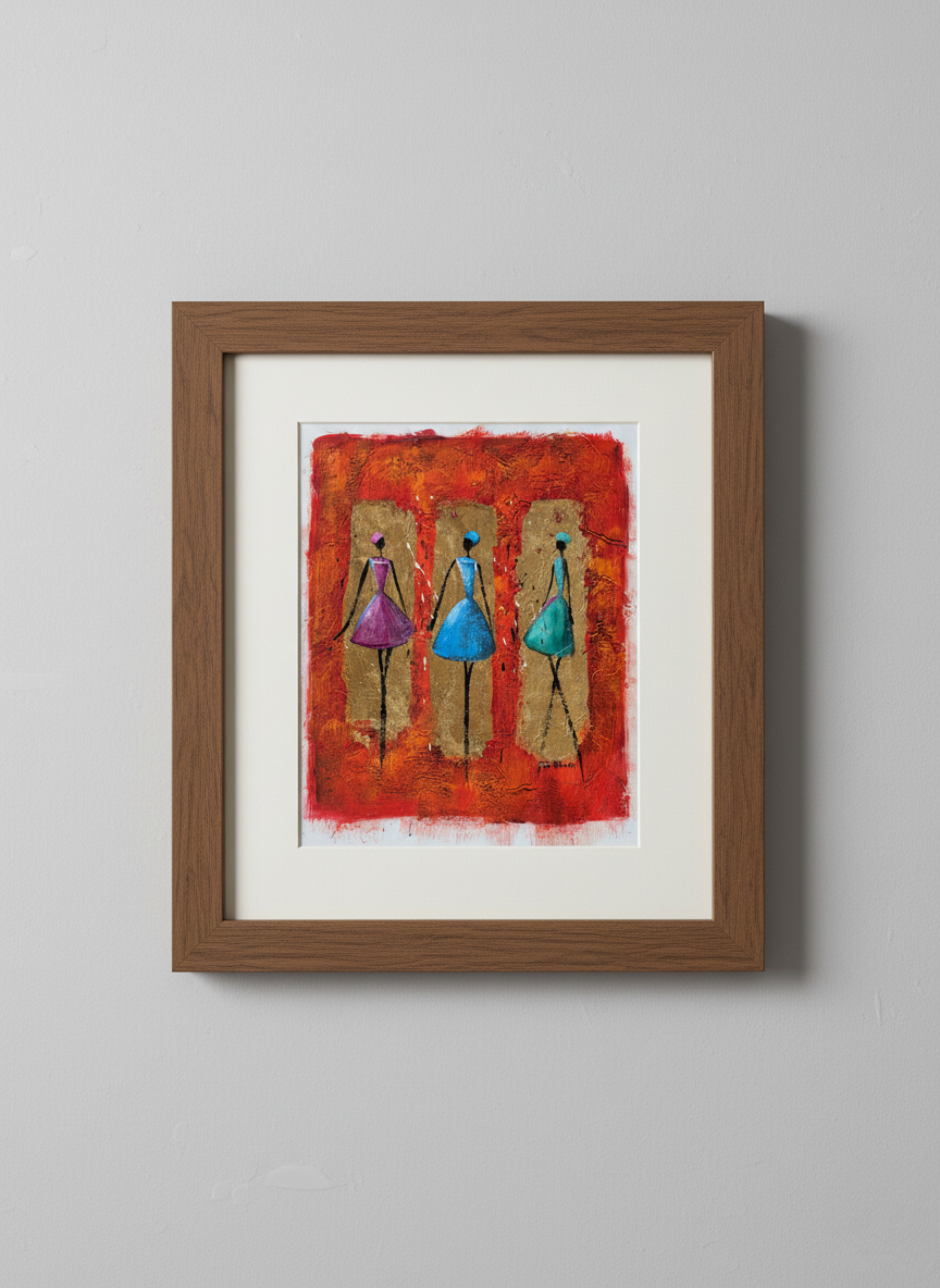 Framed abstract artwork with three figures on a red background