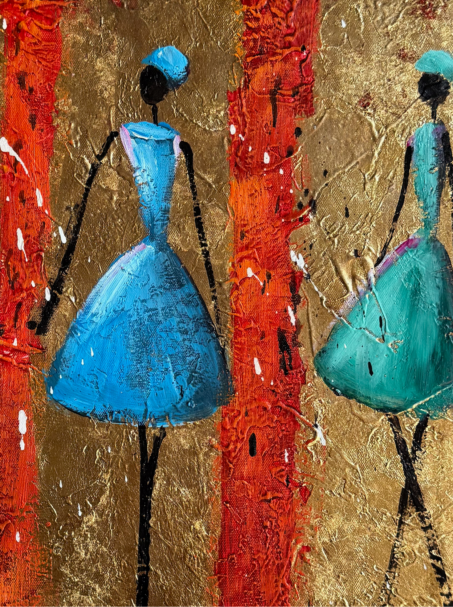 Abstract art piece with blue and turquoise shapes on a textured gold background