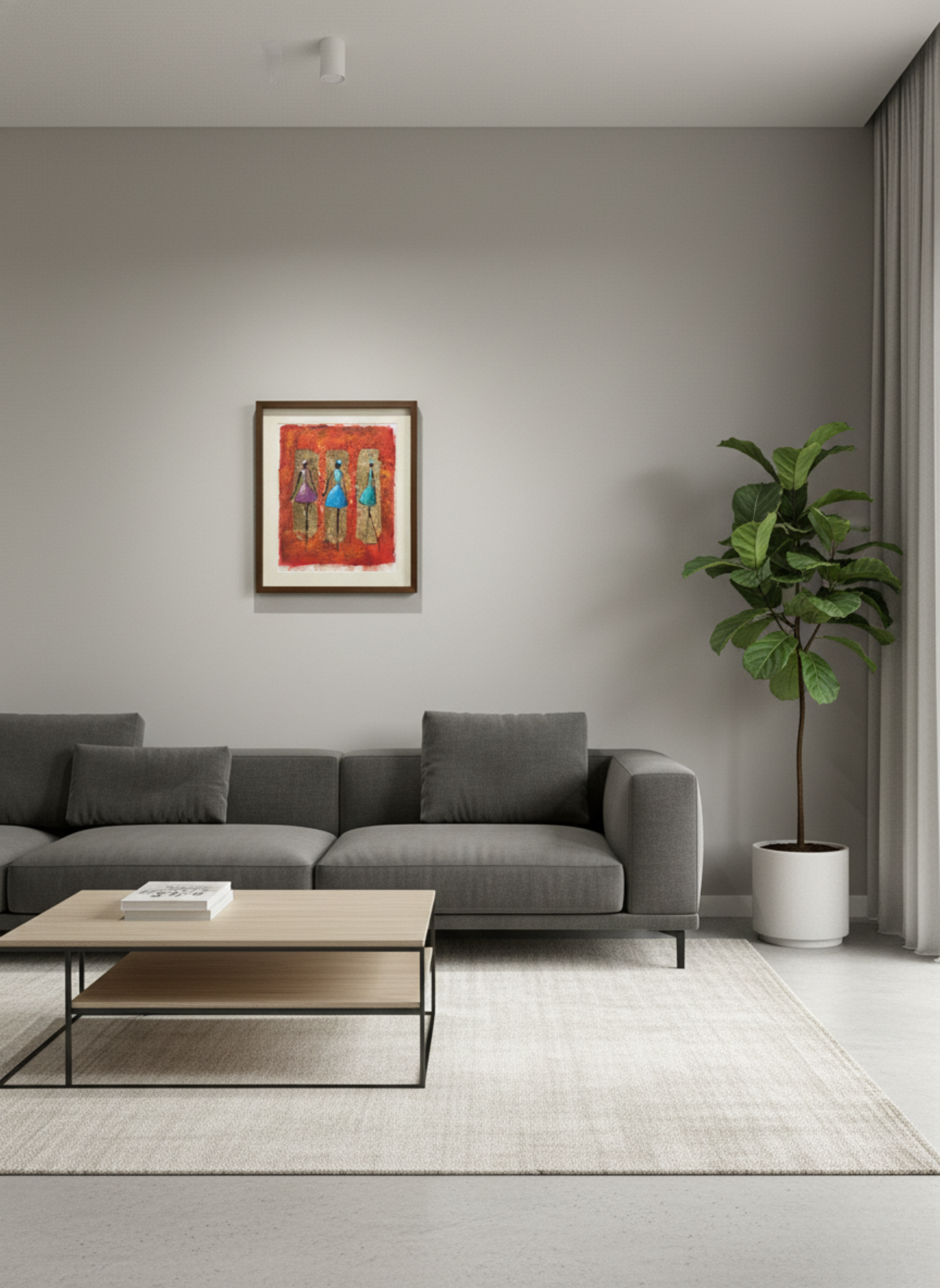 Modern living room with gray sofa, wooden coffee table, and plant.