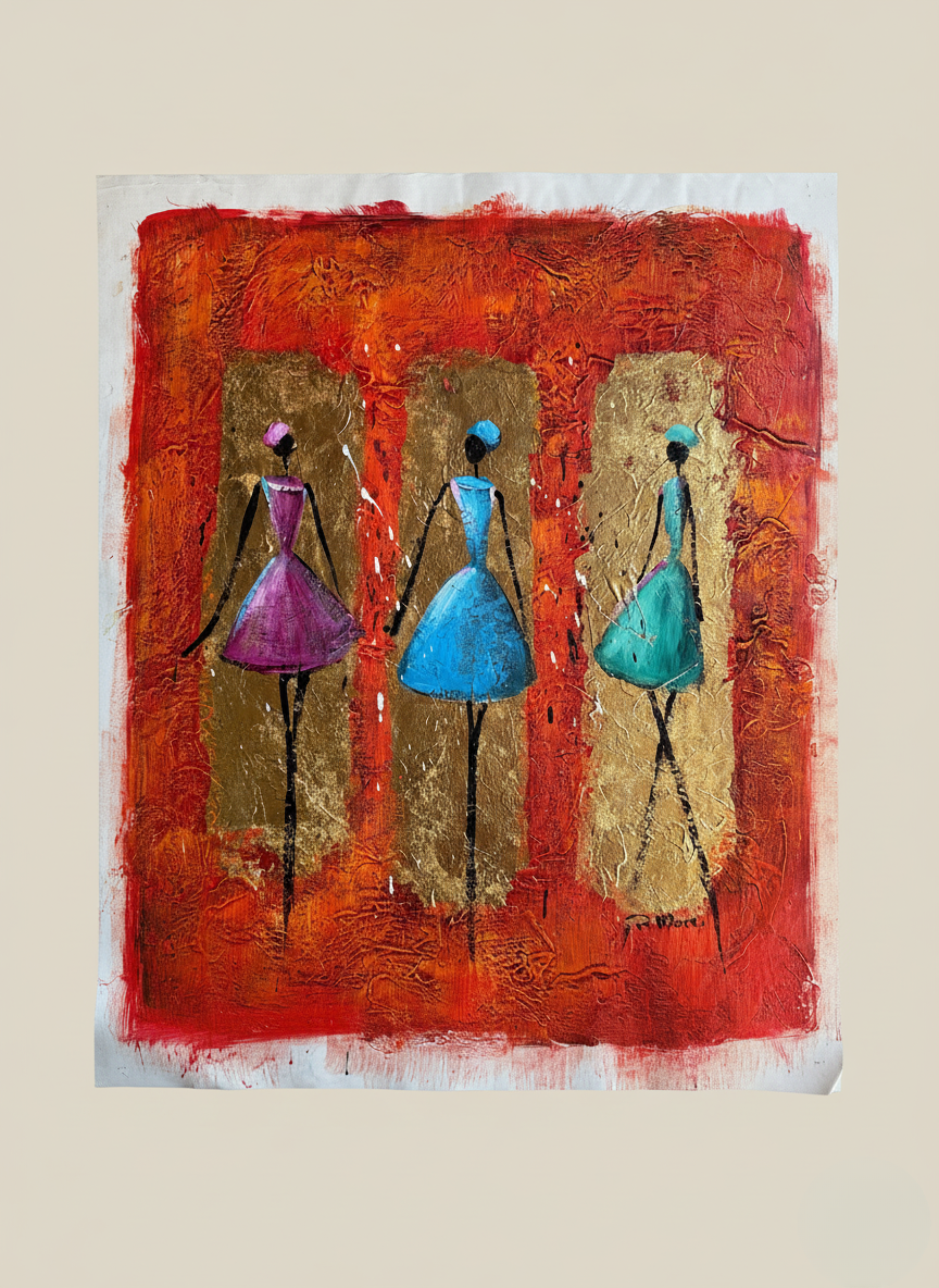 Abstract artwork of three figures in colorful dresses on a red background