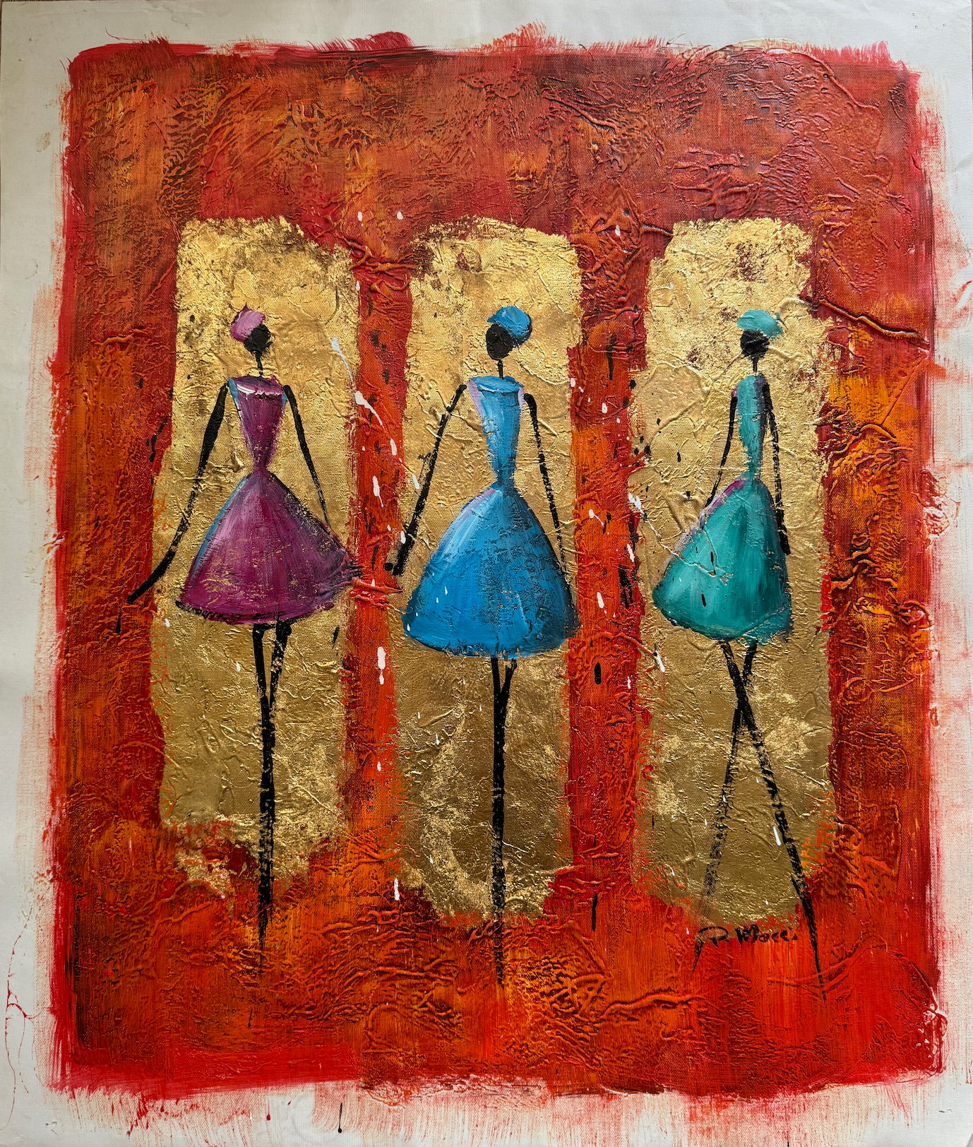 Abstract painting of three stylized figures in colorful dresses on a textured background