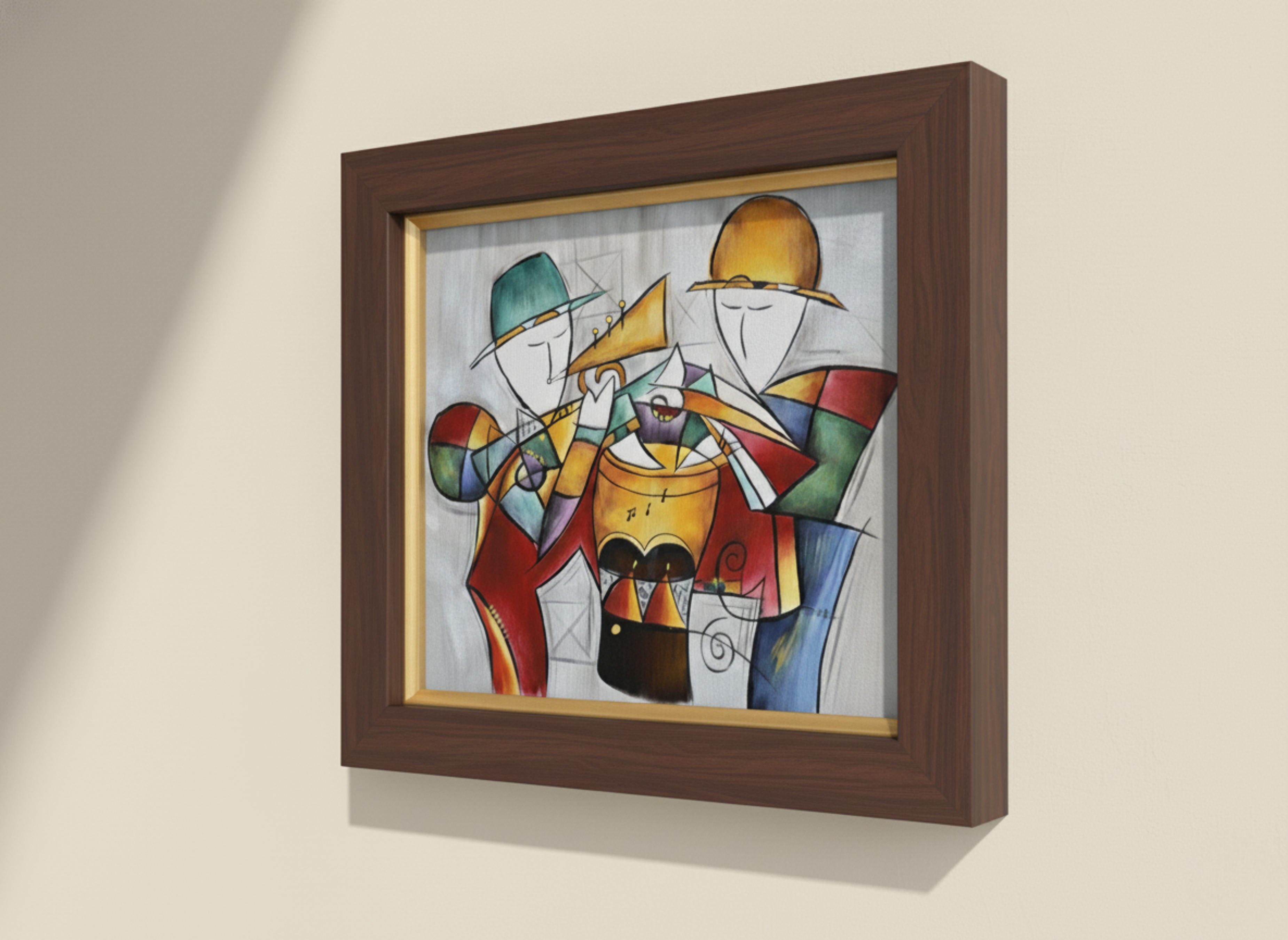 Framed abstract artwork of three musicians playing instruments on a beige wall.