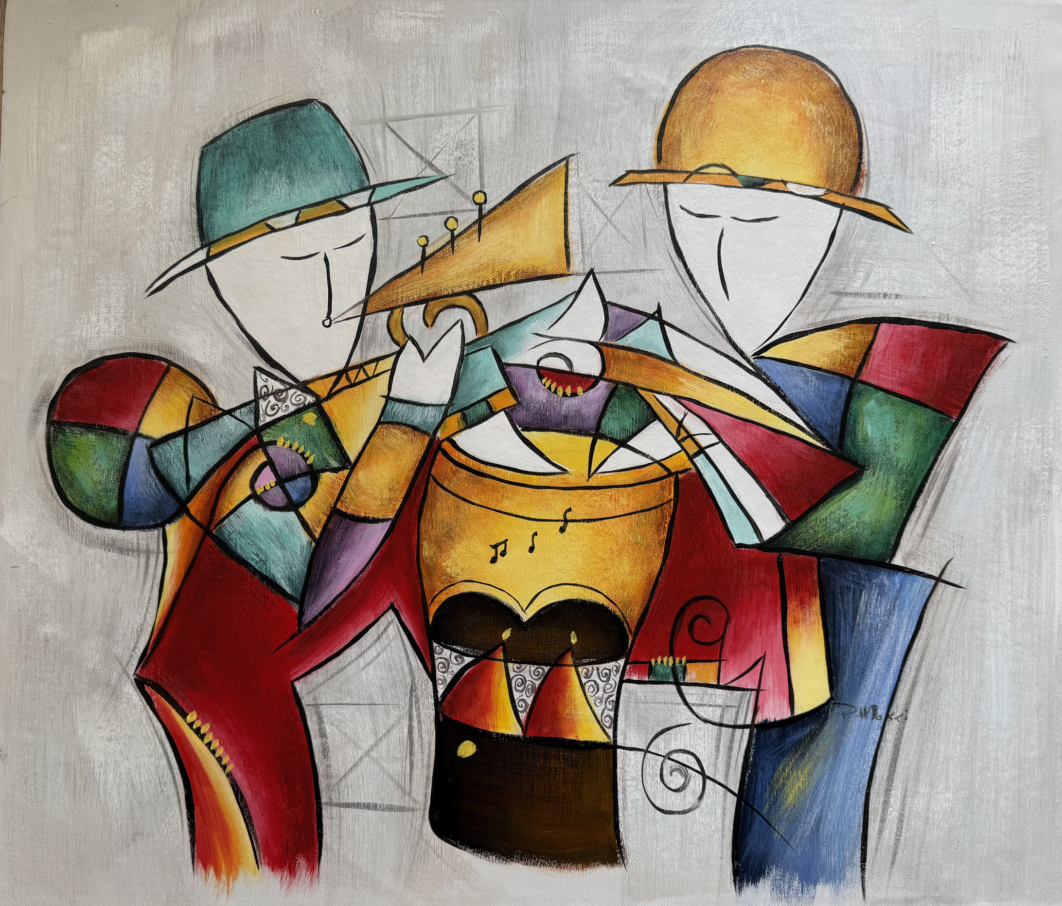 Abstract painting of three figures with musical instruments on a textured gray background