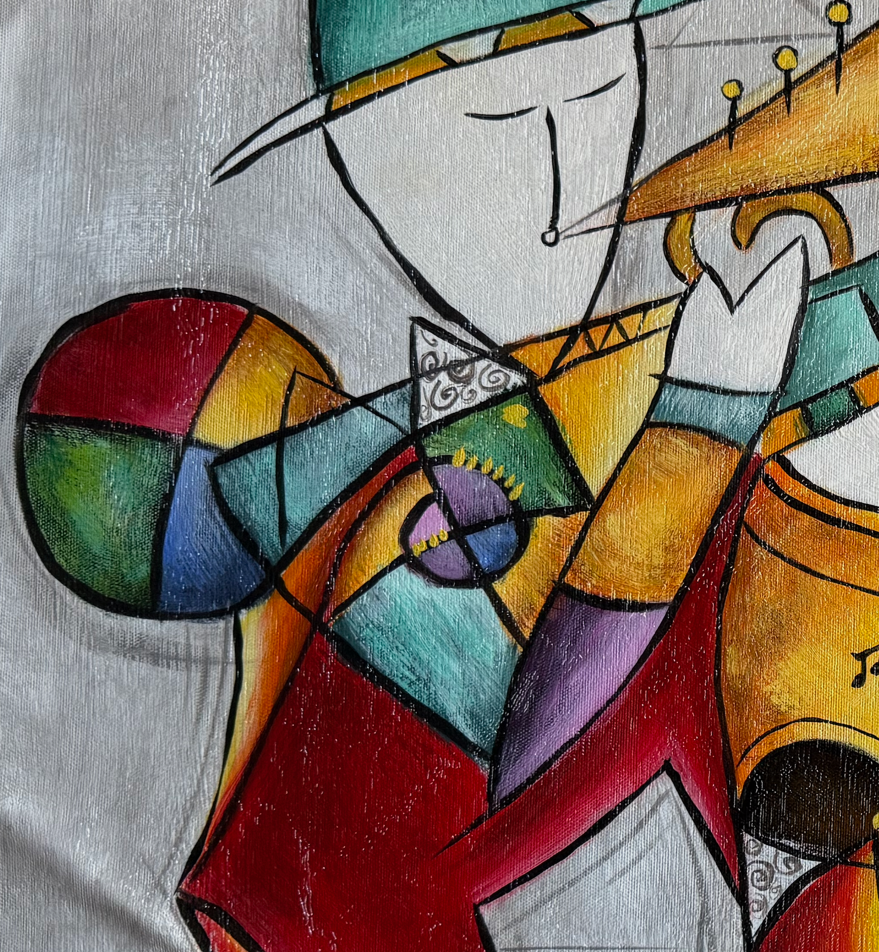 Abstract artwork of a figure playing a saxophone with geometric shapes and bold colors.