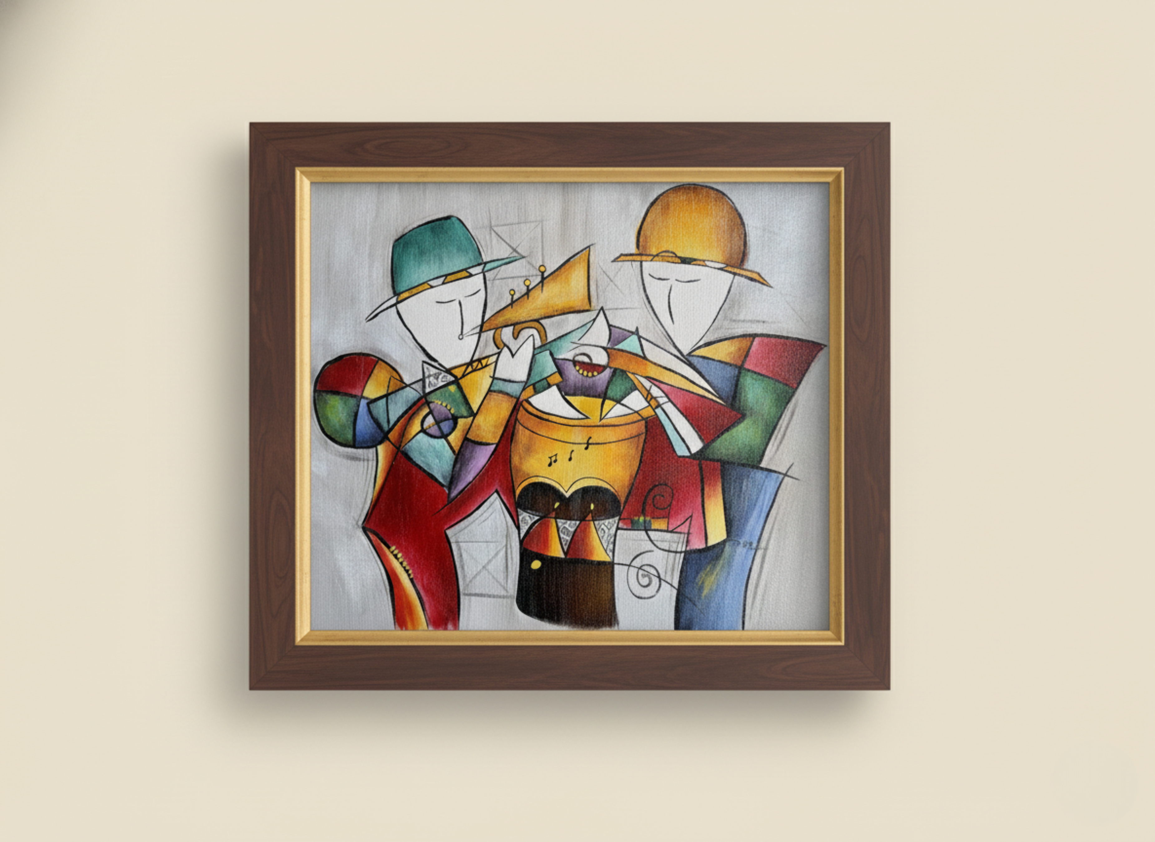 Framed abstract artwork of two figures playing musical instruments on a beige wall.