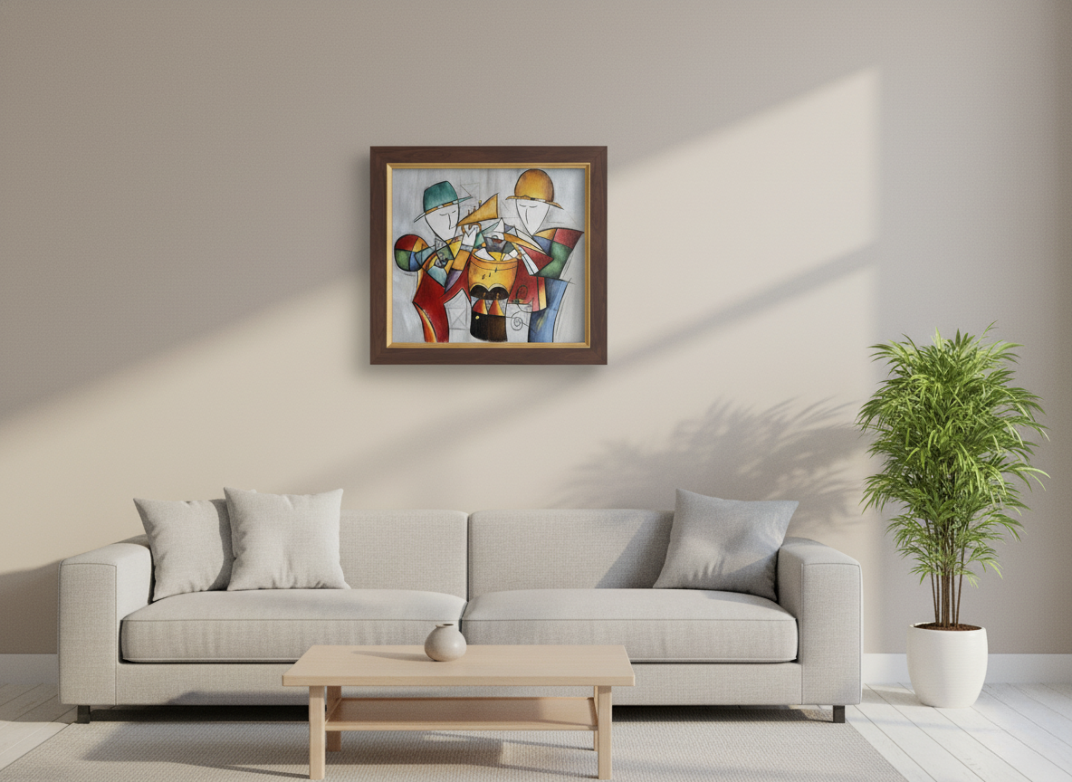 Living room with a gray sofa, coffee table, and colorful abstract painting on the wall.