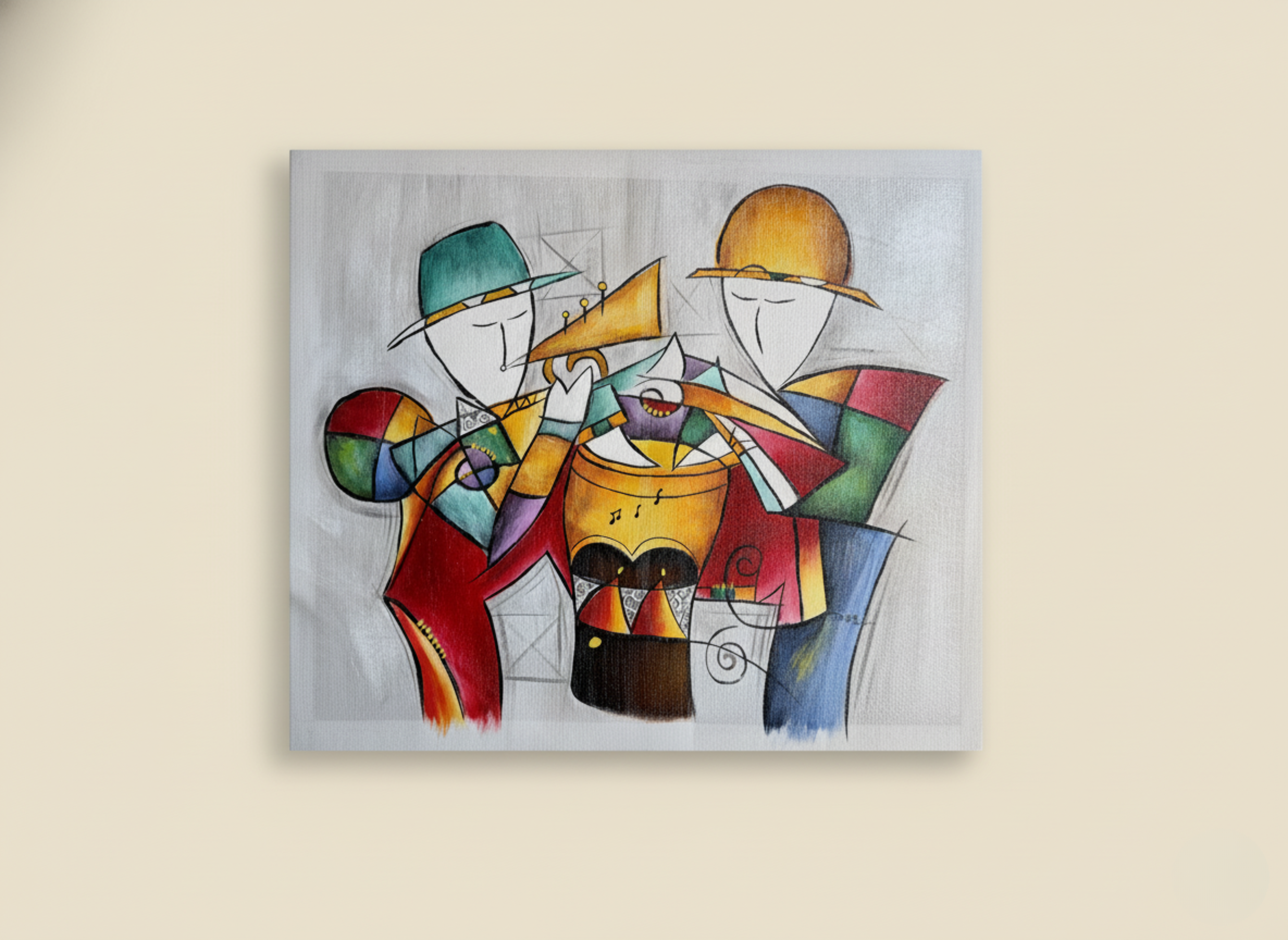 Colorful abstract painting of two figures with musical instruments on a beige background