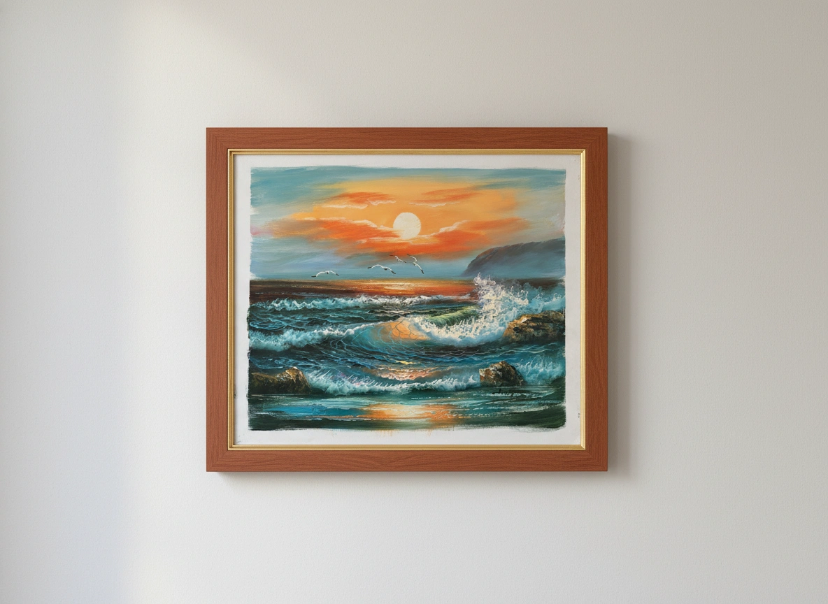 Framed painting of a sunset over water on a white wall