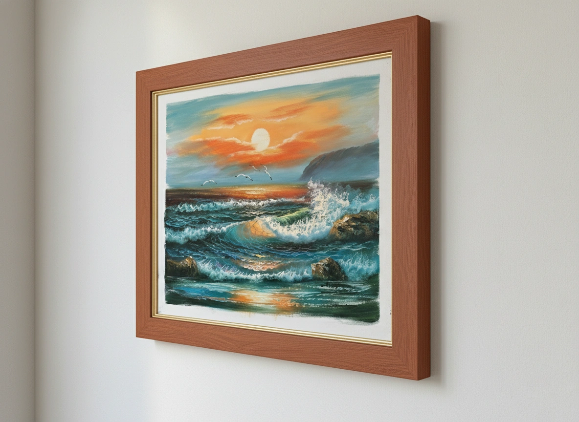 Framed painting of a sunset over water on a white wall