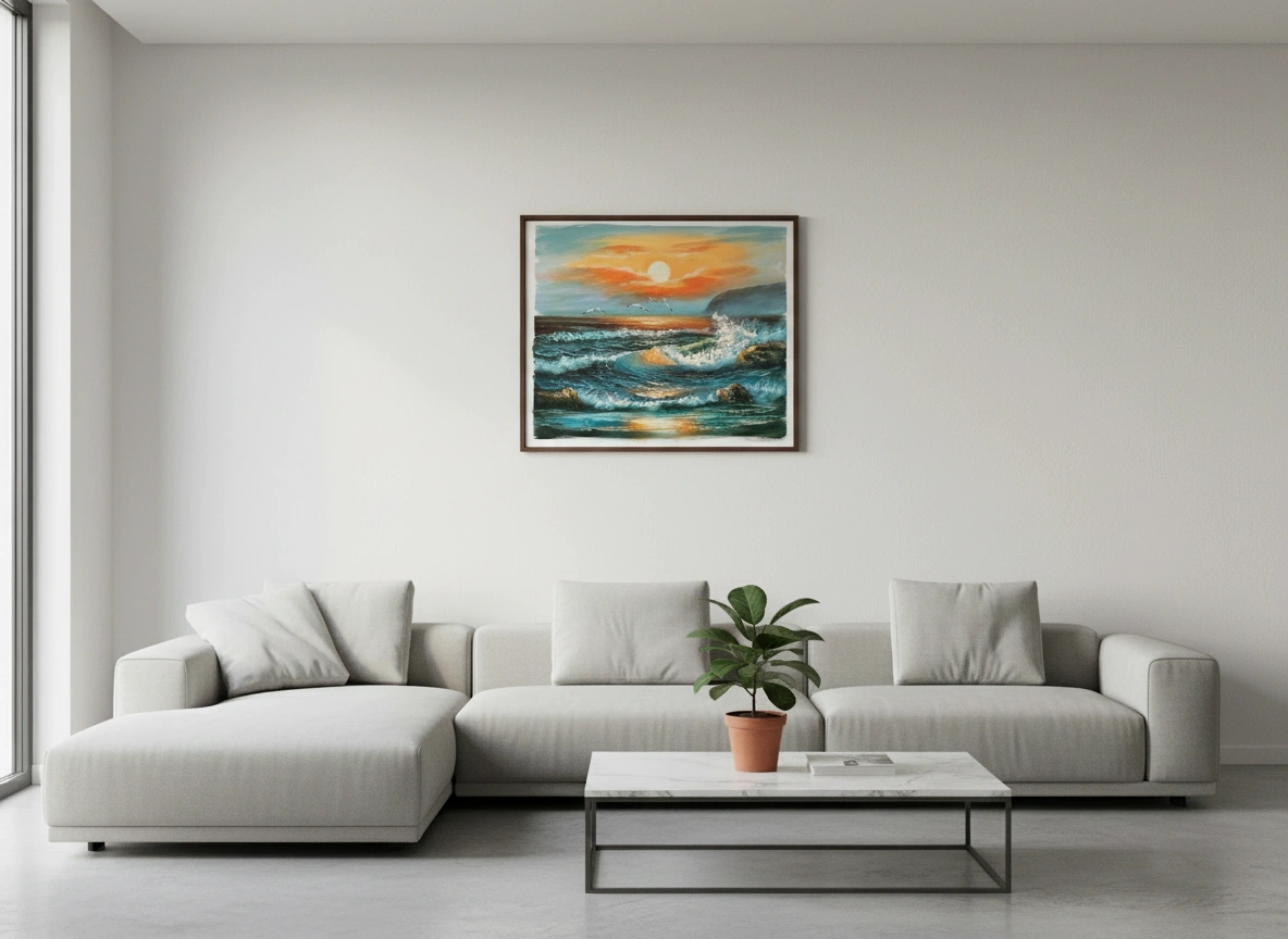 Modern living room with a gray sectional sofa, coffee table, and a framed artwork of a sunset over water.