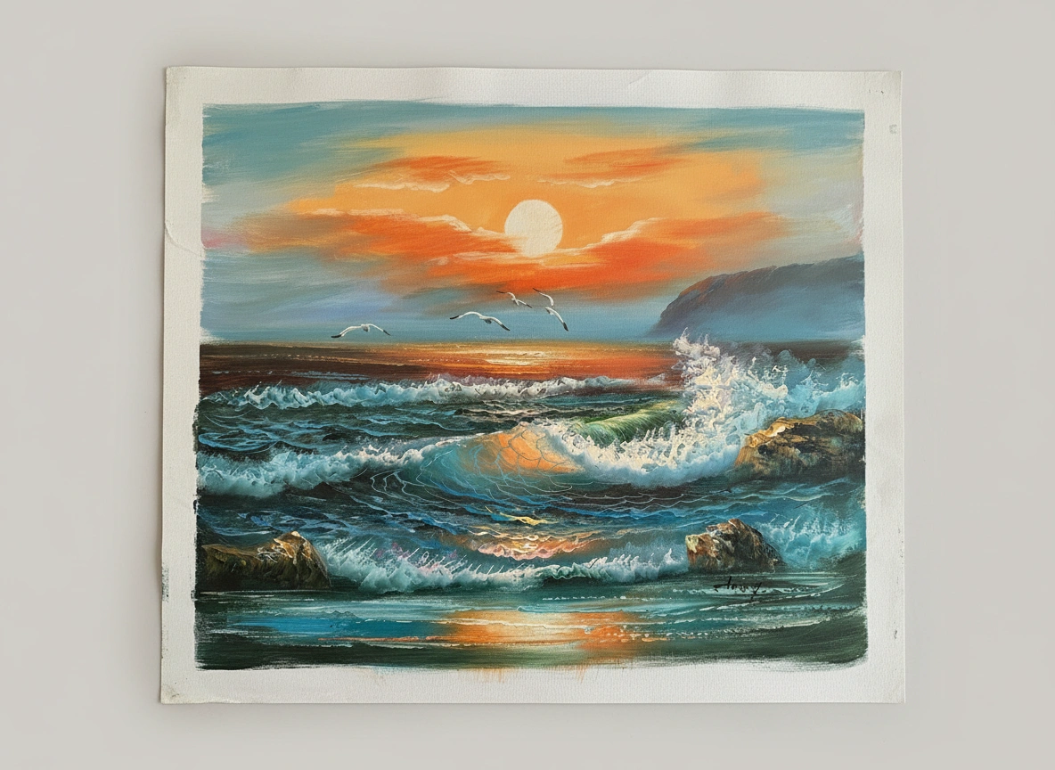 Painting of a sunset over the ocean with waves and rocks.