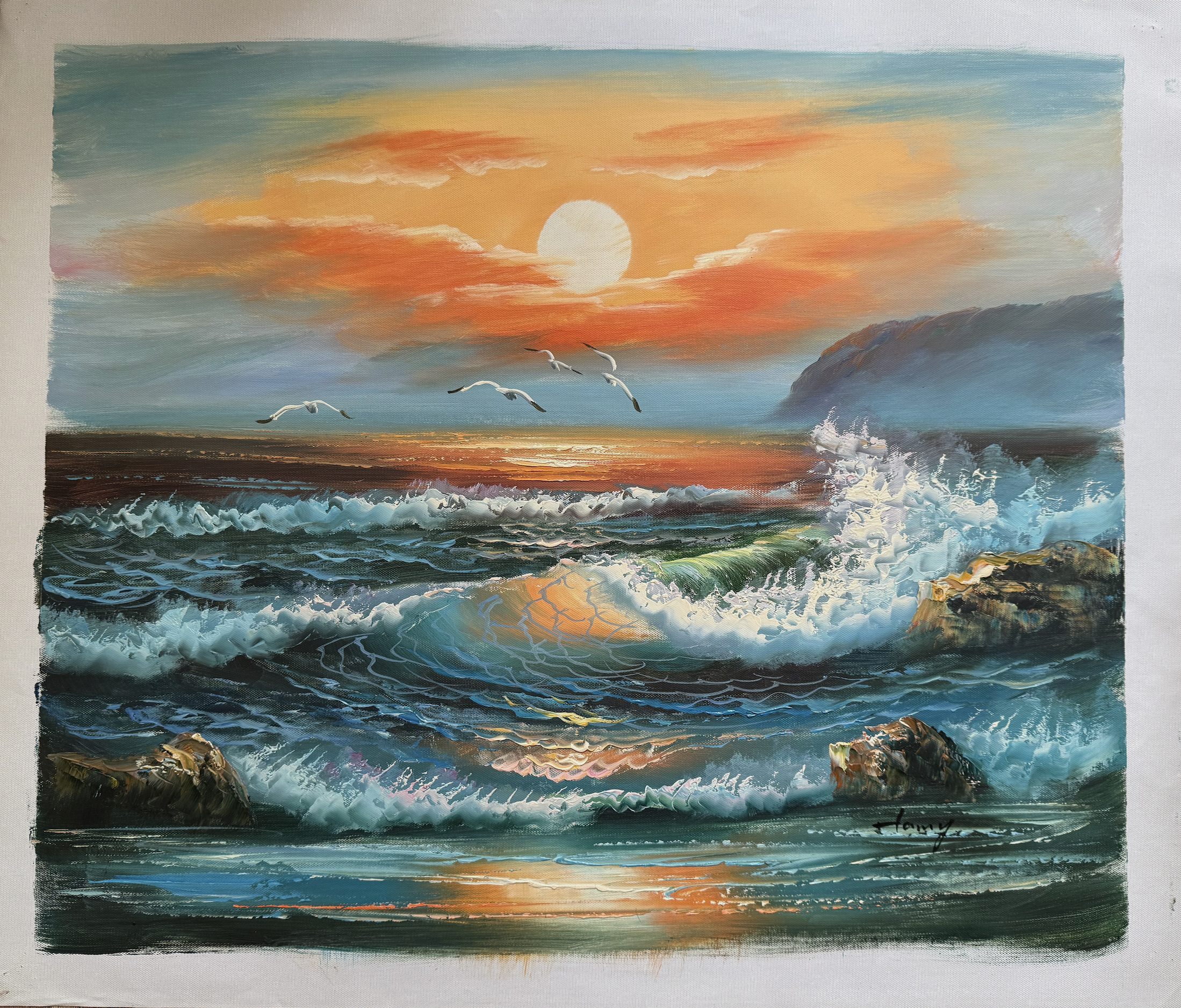 Painting of a sunset over the ocean with waves and rocks.