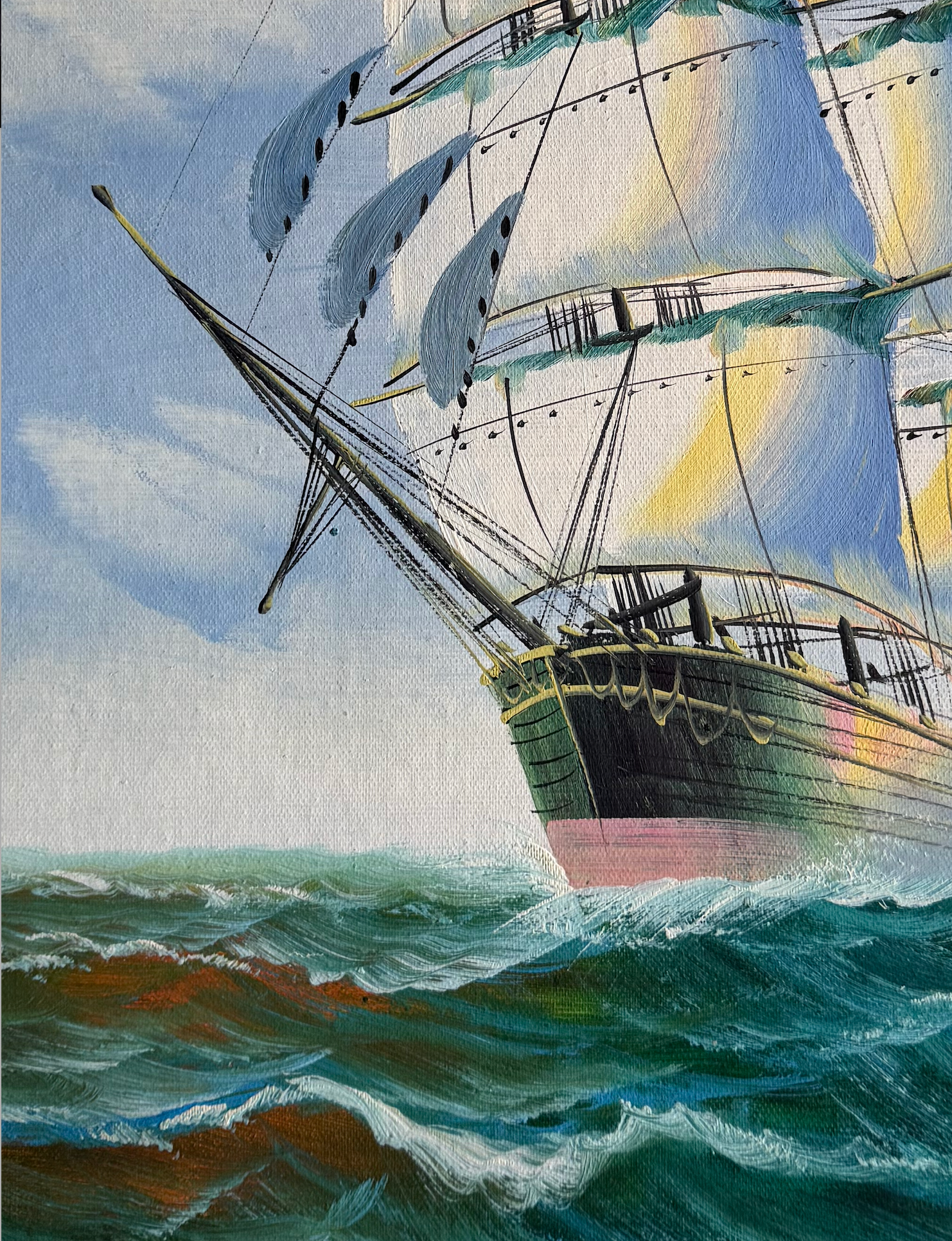 Sailing ship on choppy waters with a clear sky