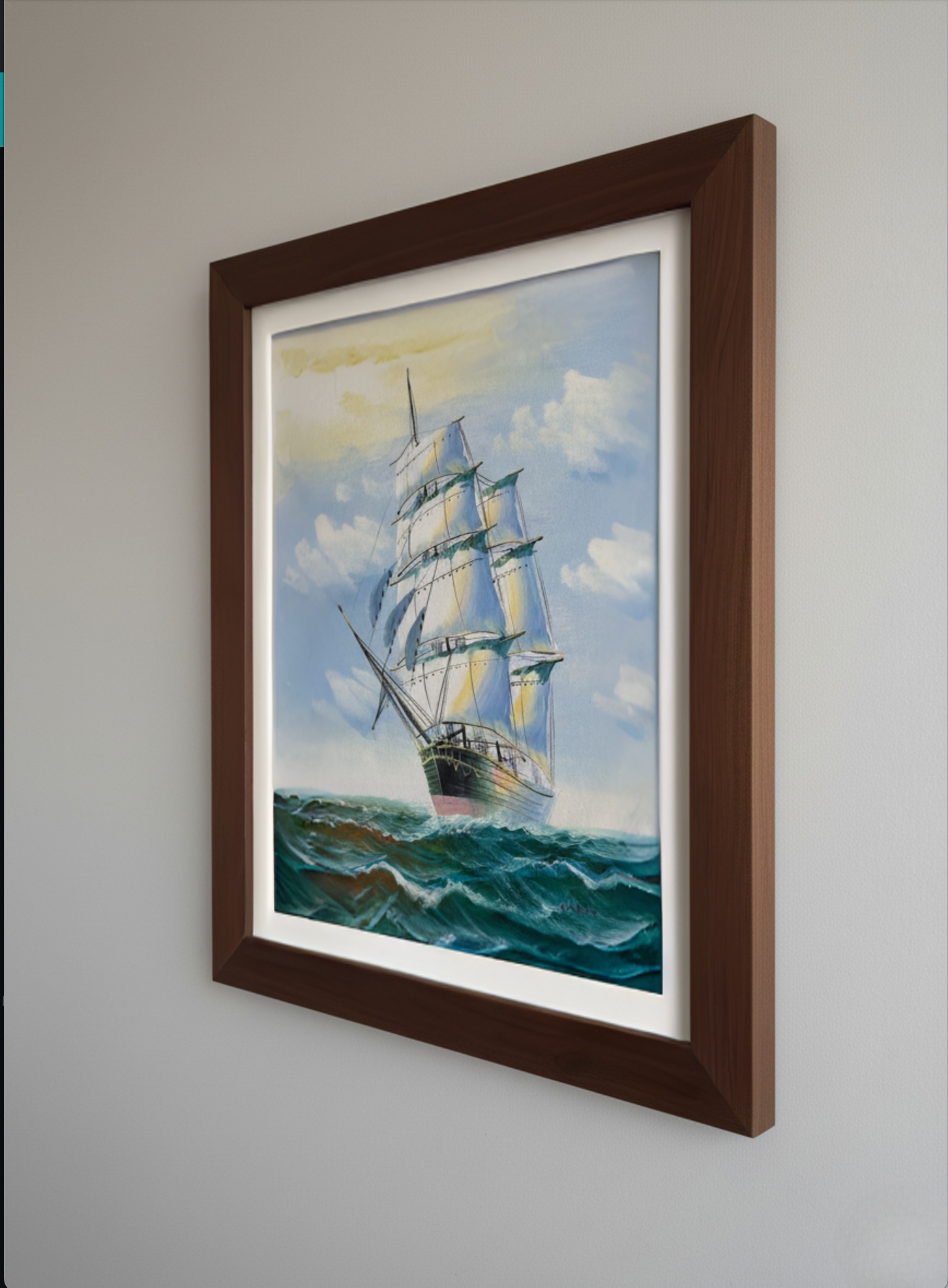 Framed painting of a ship on water with a brown frame.