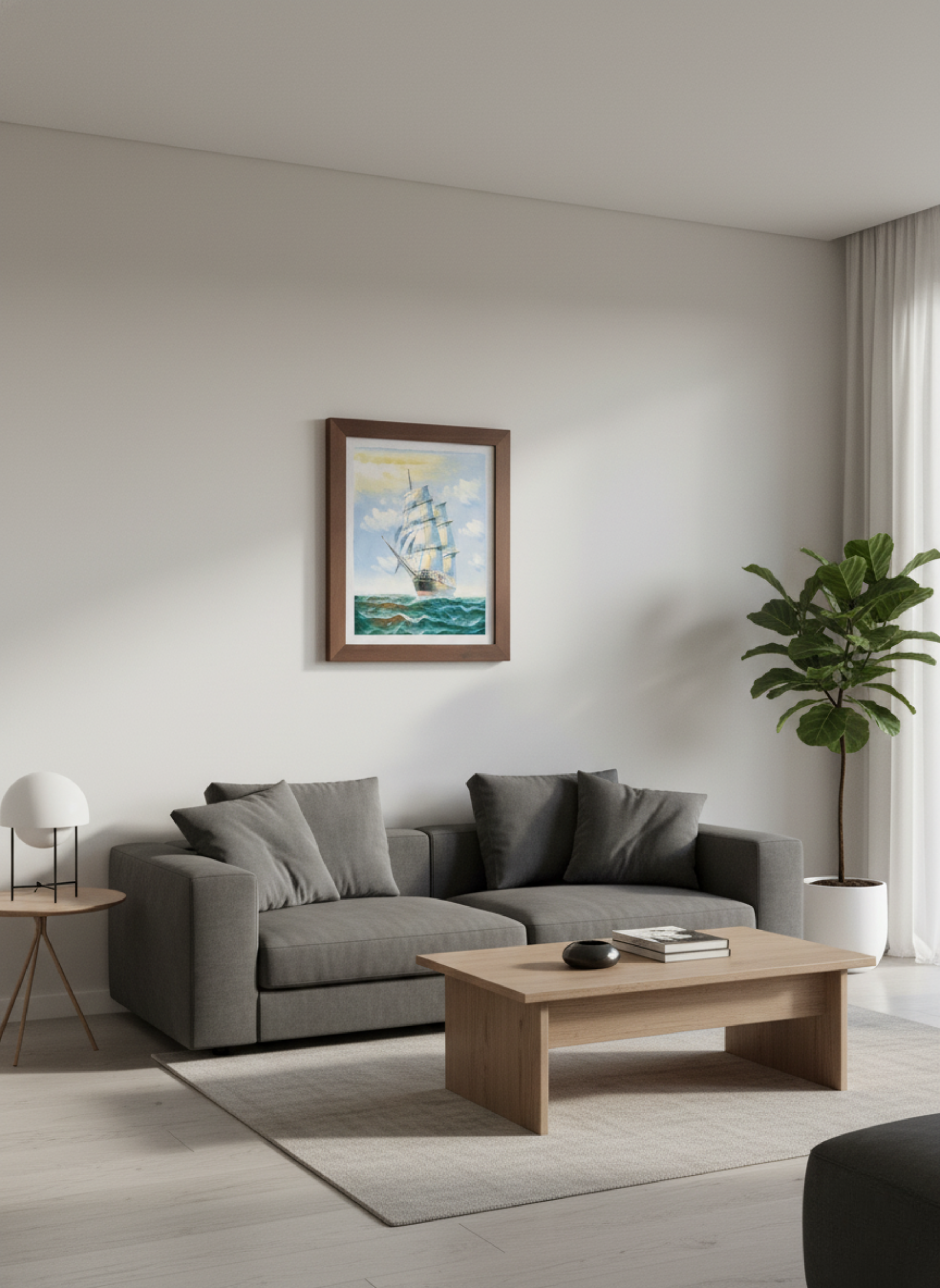 Modern living room with a gray sofa, wooden coffee table, and framed artwork on the wall.