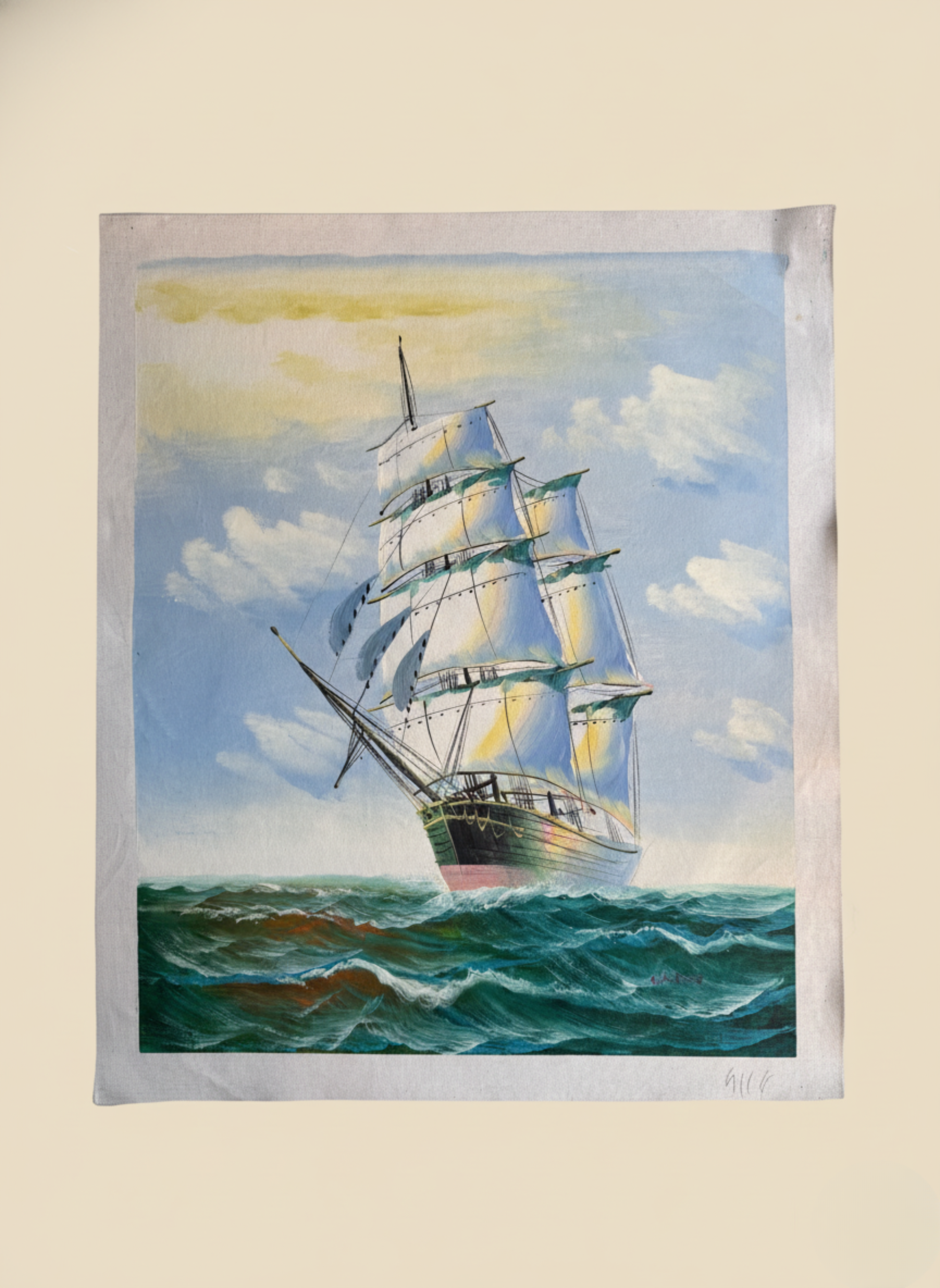 Painting of a sailboat on water with a blue sky and clouds.