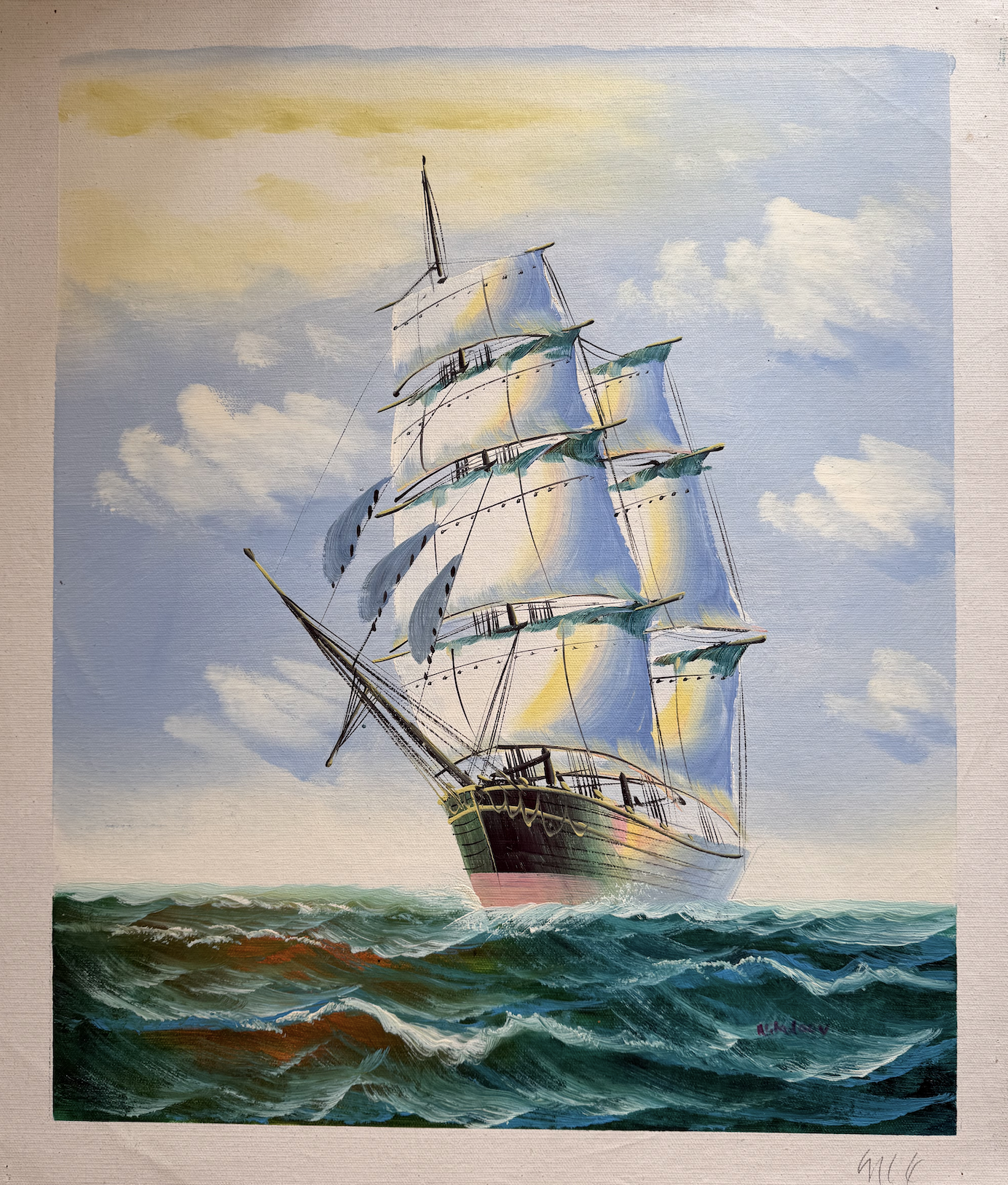 Painting of a three-masted sailing ship on choppy waters with a blue sky.