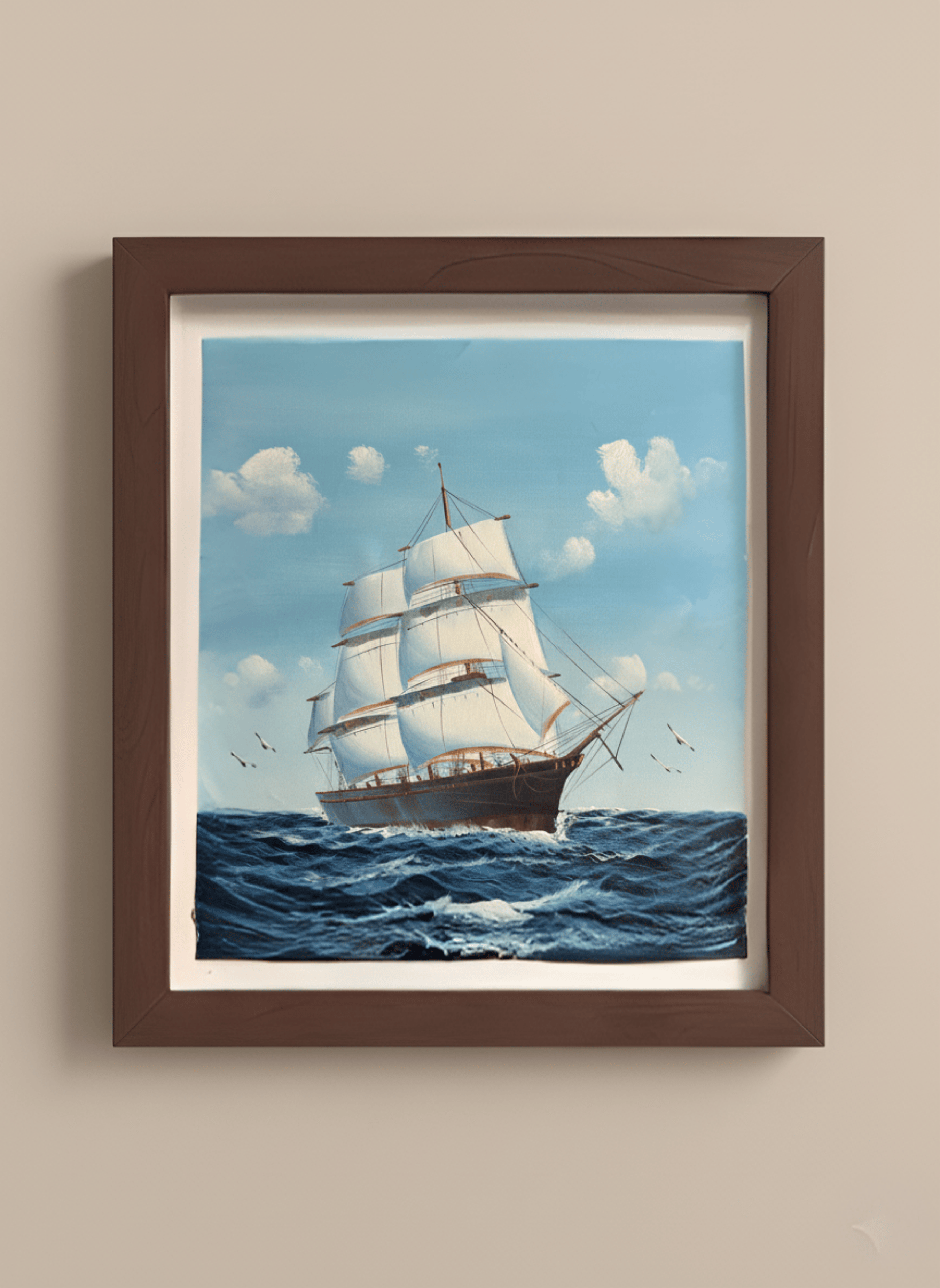 Framed artwork of a sailboat on a blue sky and ocean background
