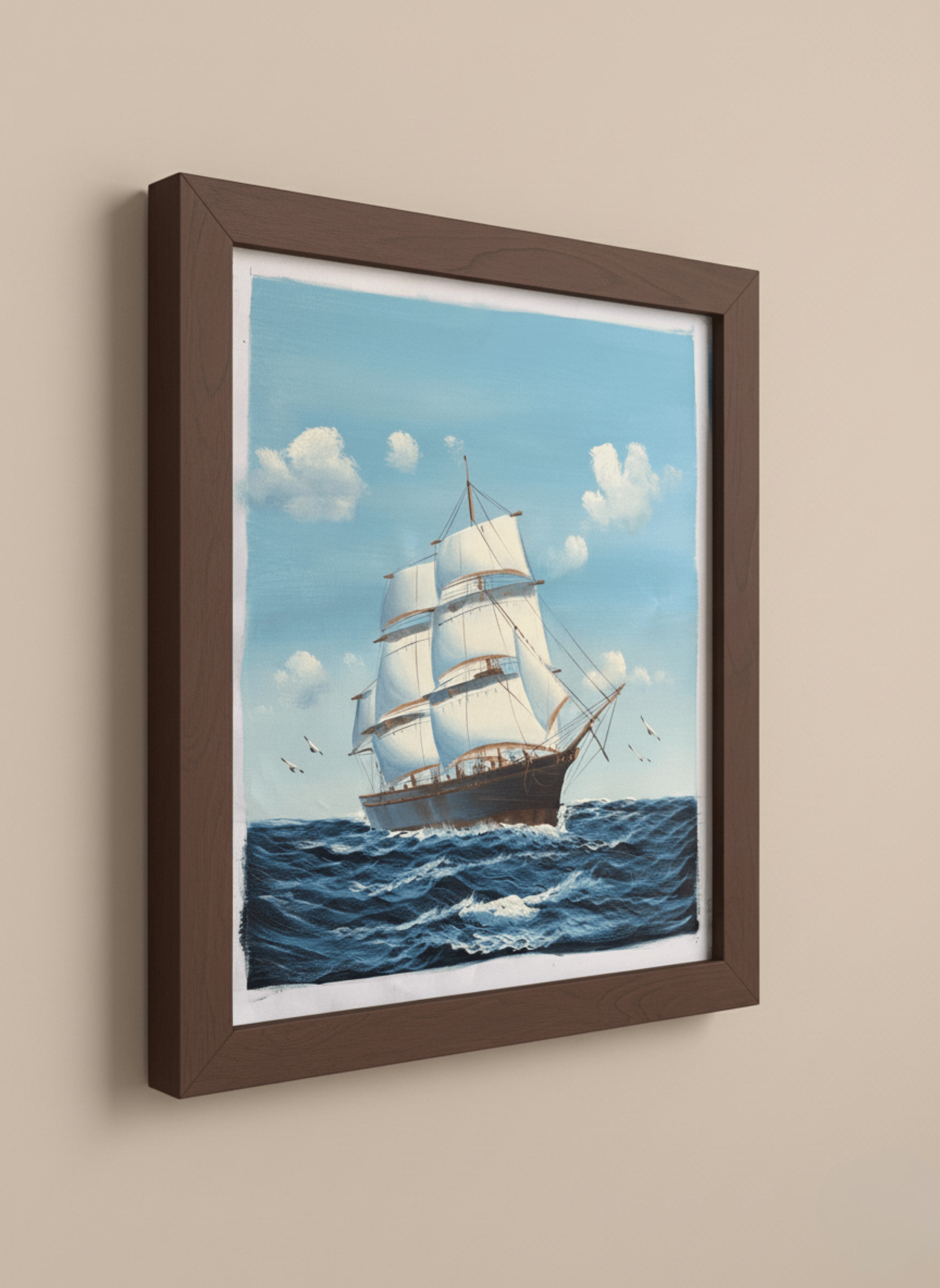 Framed artwork of a ship on the ocean with a brown frame.