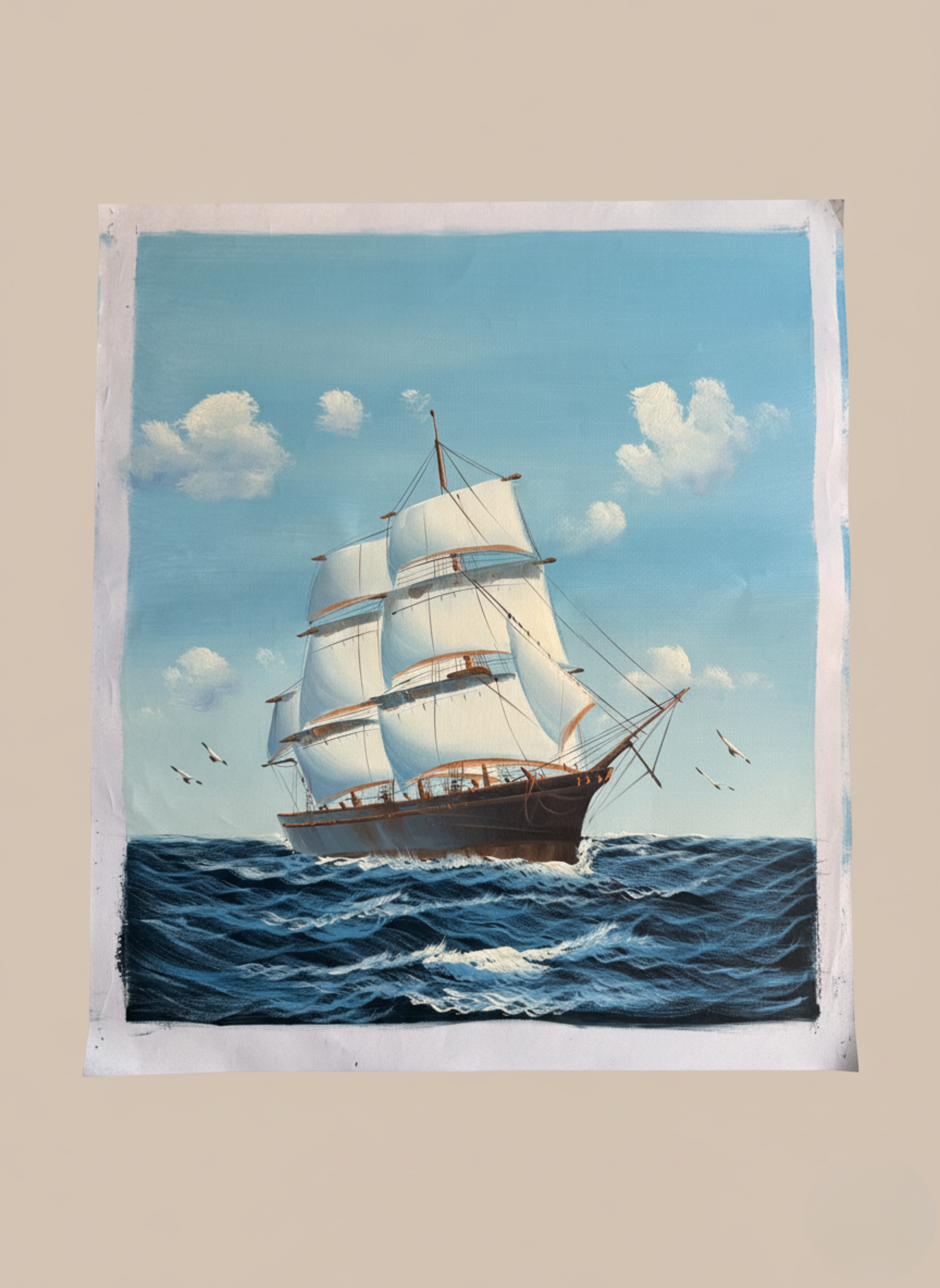 Painting of a three-masted sailing ship on a blue sea with white clouds.