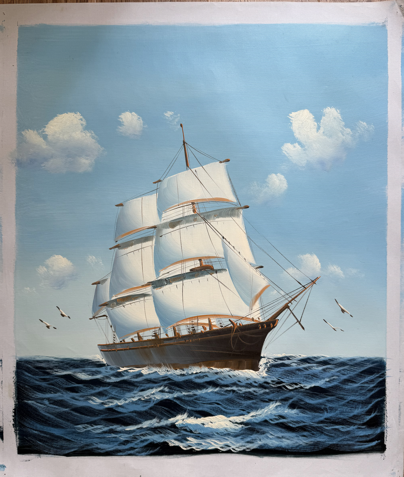 Painting of a three-masted sailing ship on choppy waters with a blue sky.