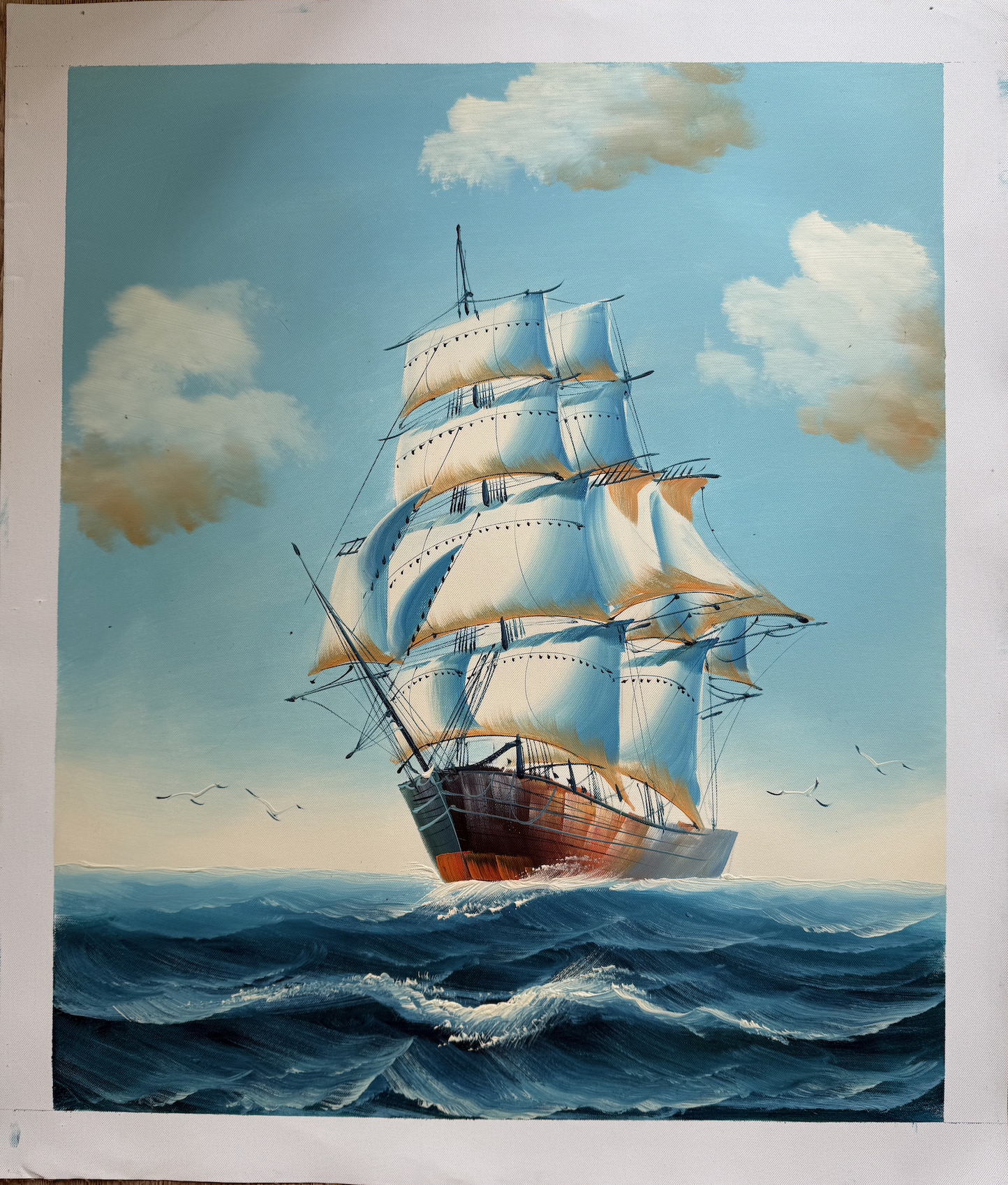 Painting of a large ship sailing on the ocean with a blue sky and clouds.