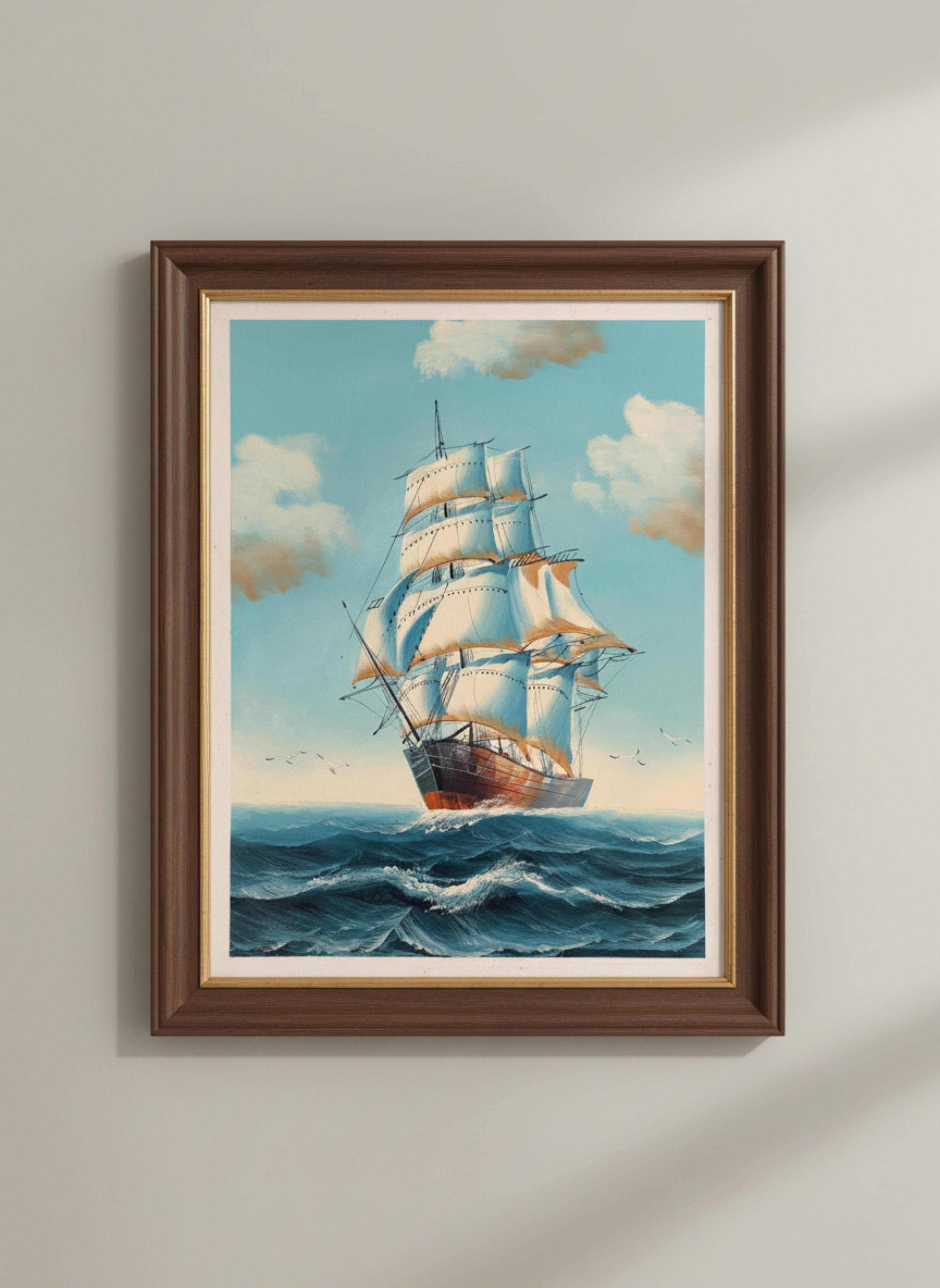Framed artwork of a sailboat on a blue sky and ocean background