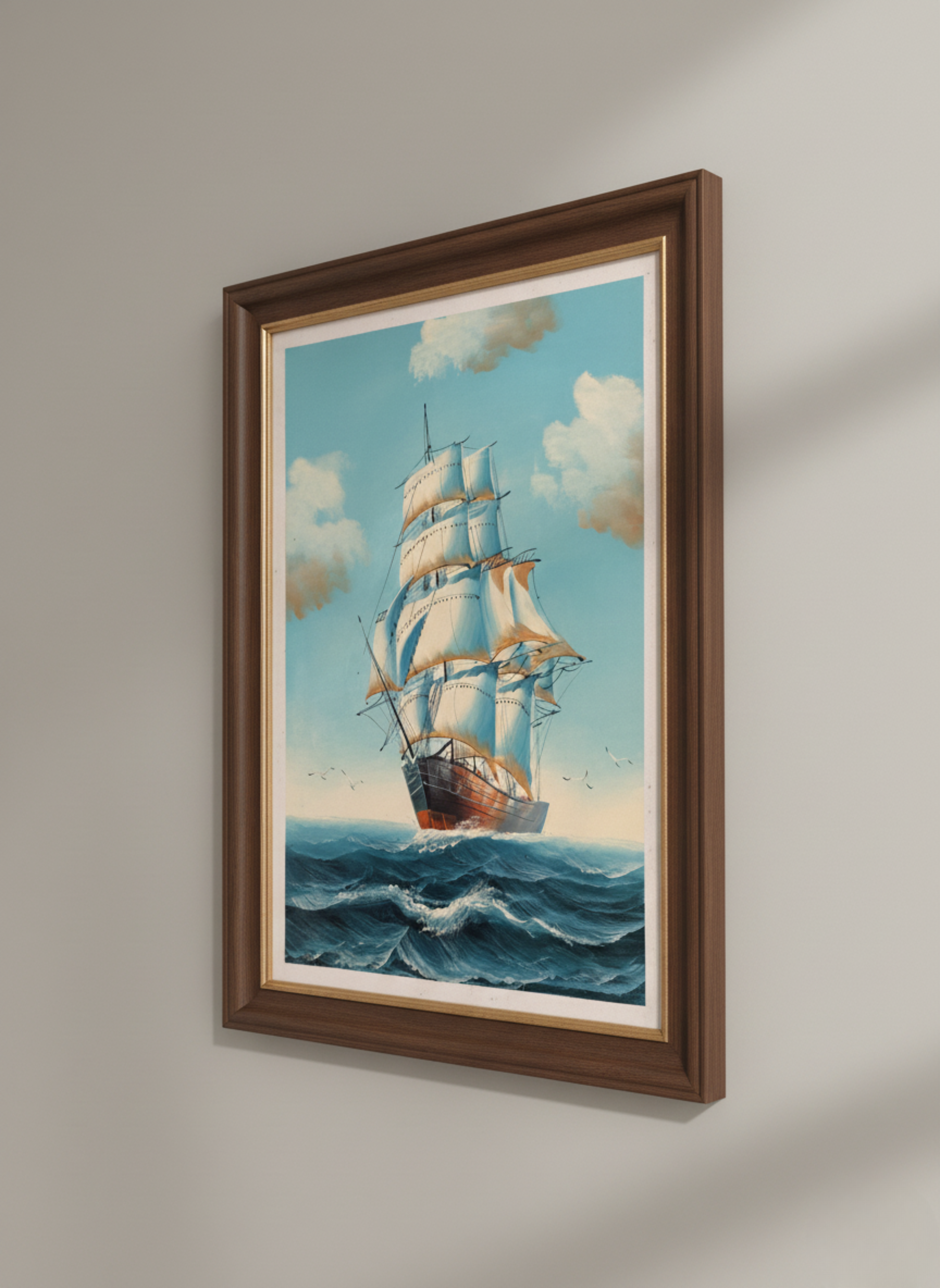 Framed artwork of a ship on water with clouds in the sky