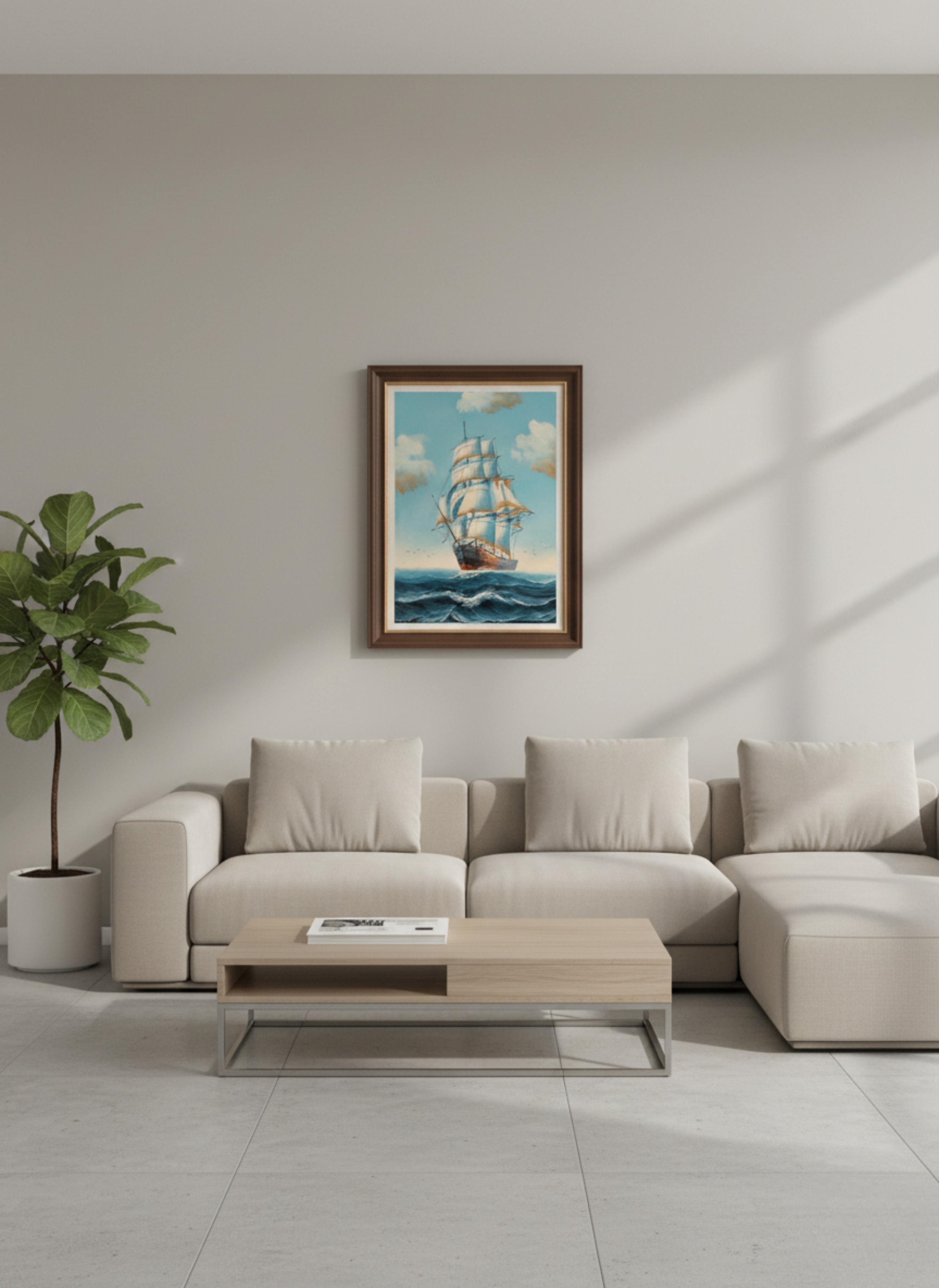 Modern living room with a beige sectional sofa, wooden coffee table, and framed artwork on the wall.