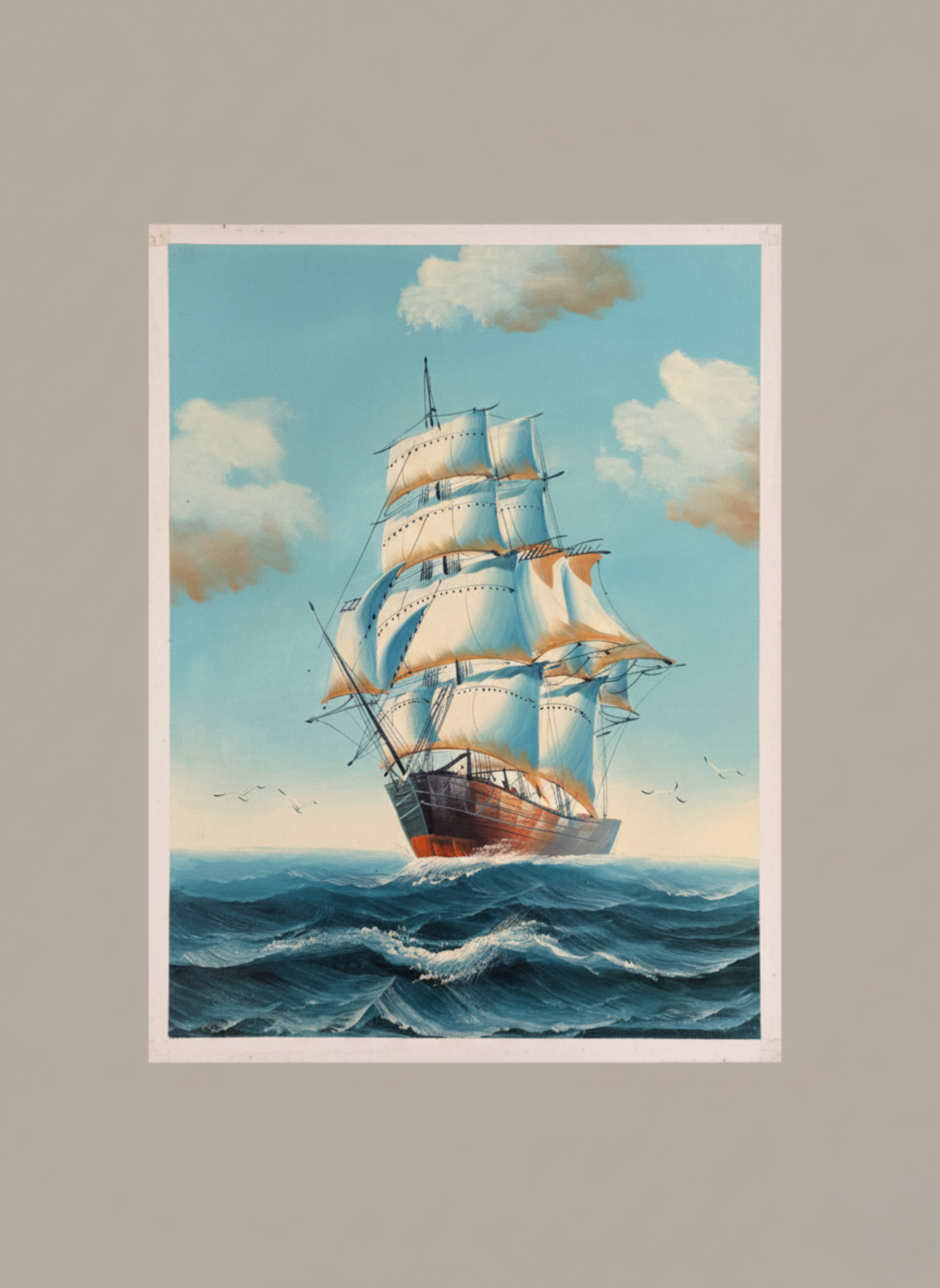 Framed artwork of a ship on the ocean with a blue sky and clouds.