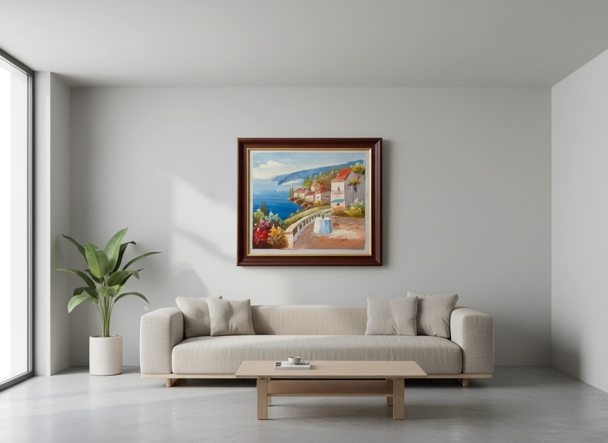 Living room with a beige sofa, wooden coffee table, and a framed painting on the wall.