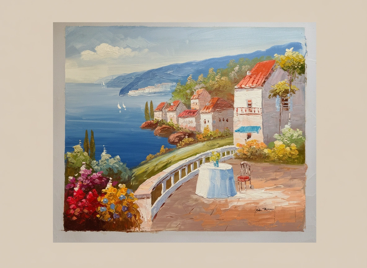 Painting of a coastal scene with houses, ocean, and flowers.