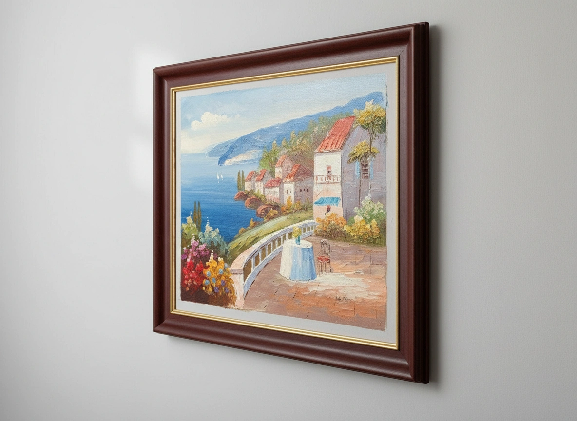 Framed painting of a coastal scene with houses and a woman in a blue dress on a gray wall.