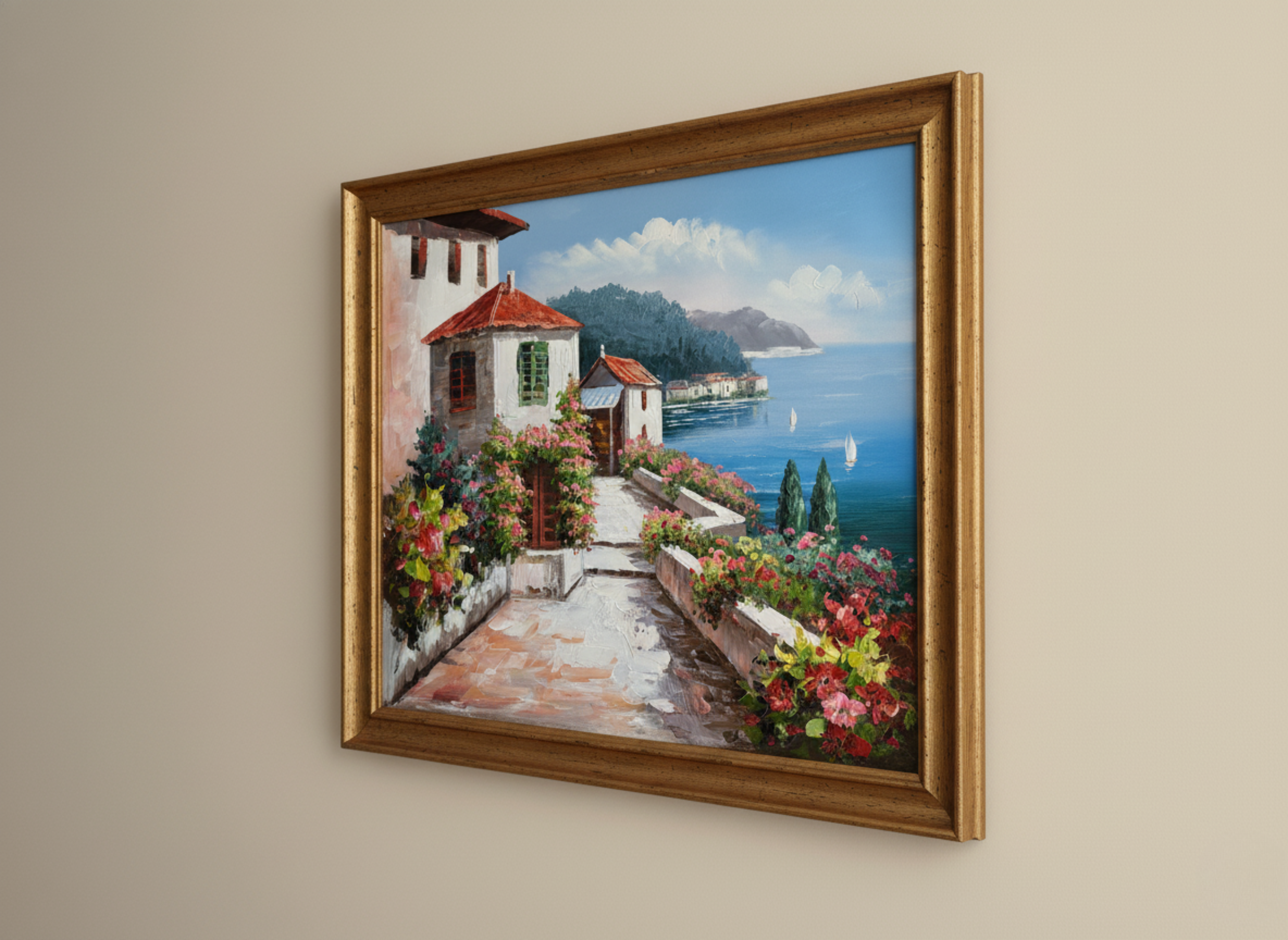 Framed painting of a scenic coastal village with flowers on a beige wall.