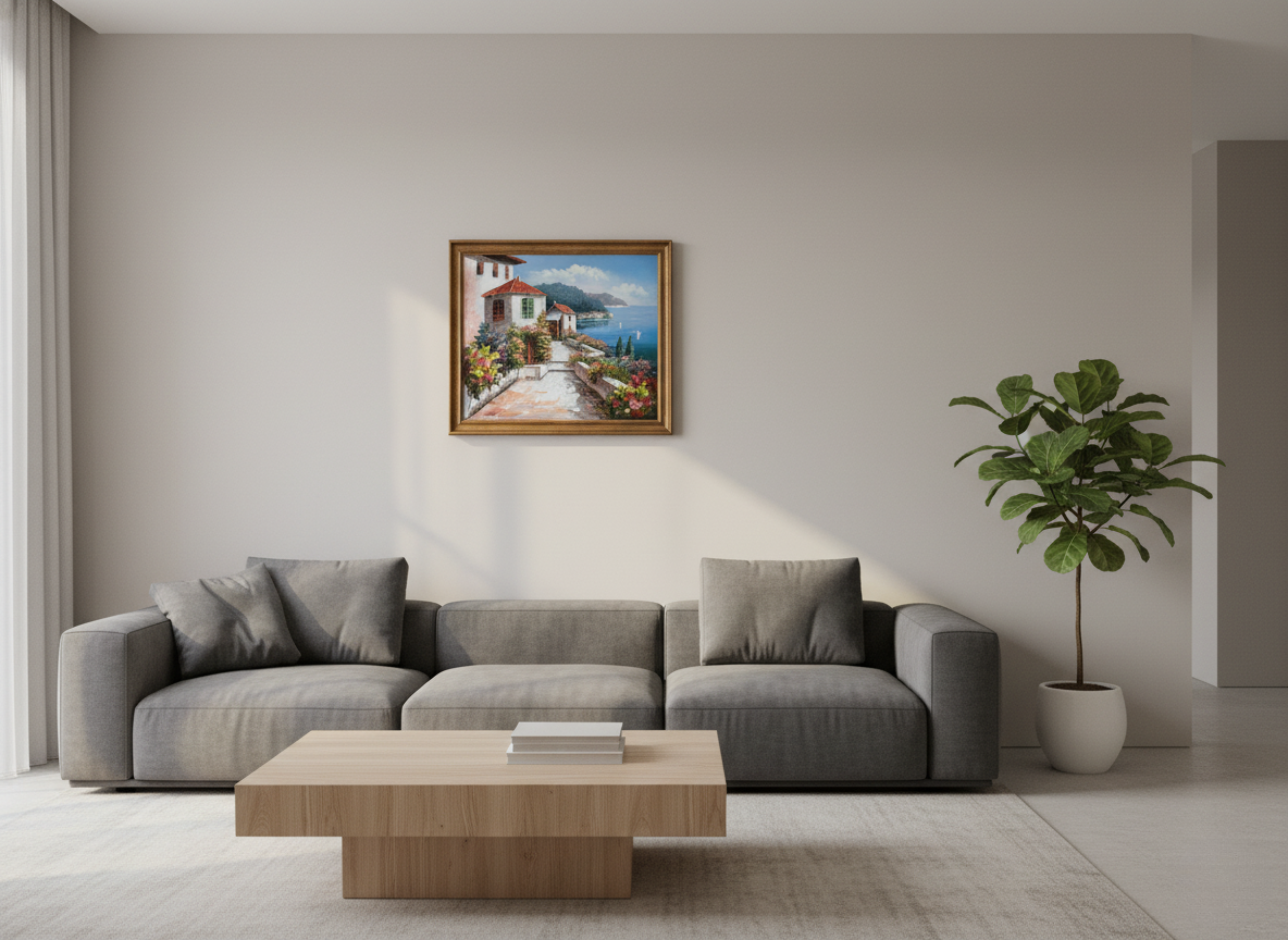 Modern living room with a gray sectional sofa, wooden coffee table, and a painting on the wall.