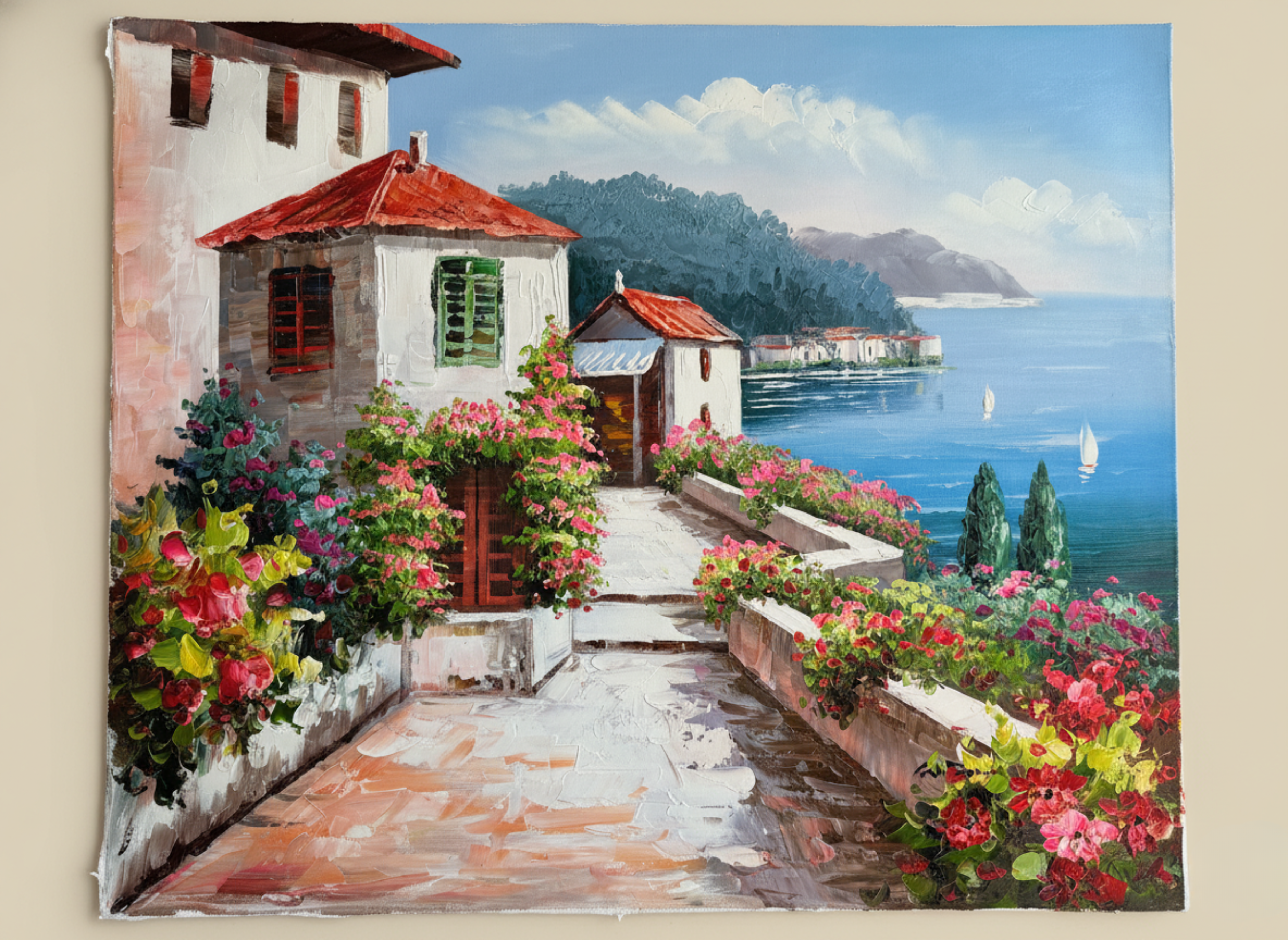 Painting of a coastal scene with flowers and a house.