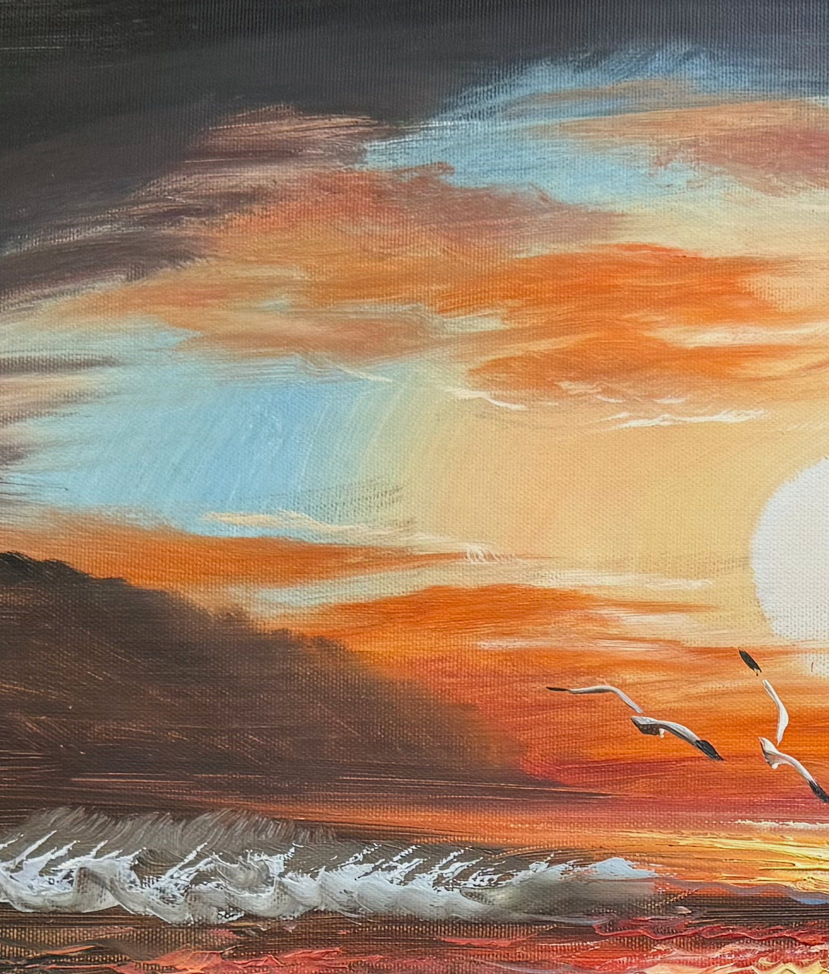 Painting of a sunset with orange and blue hues and two birds flying.