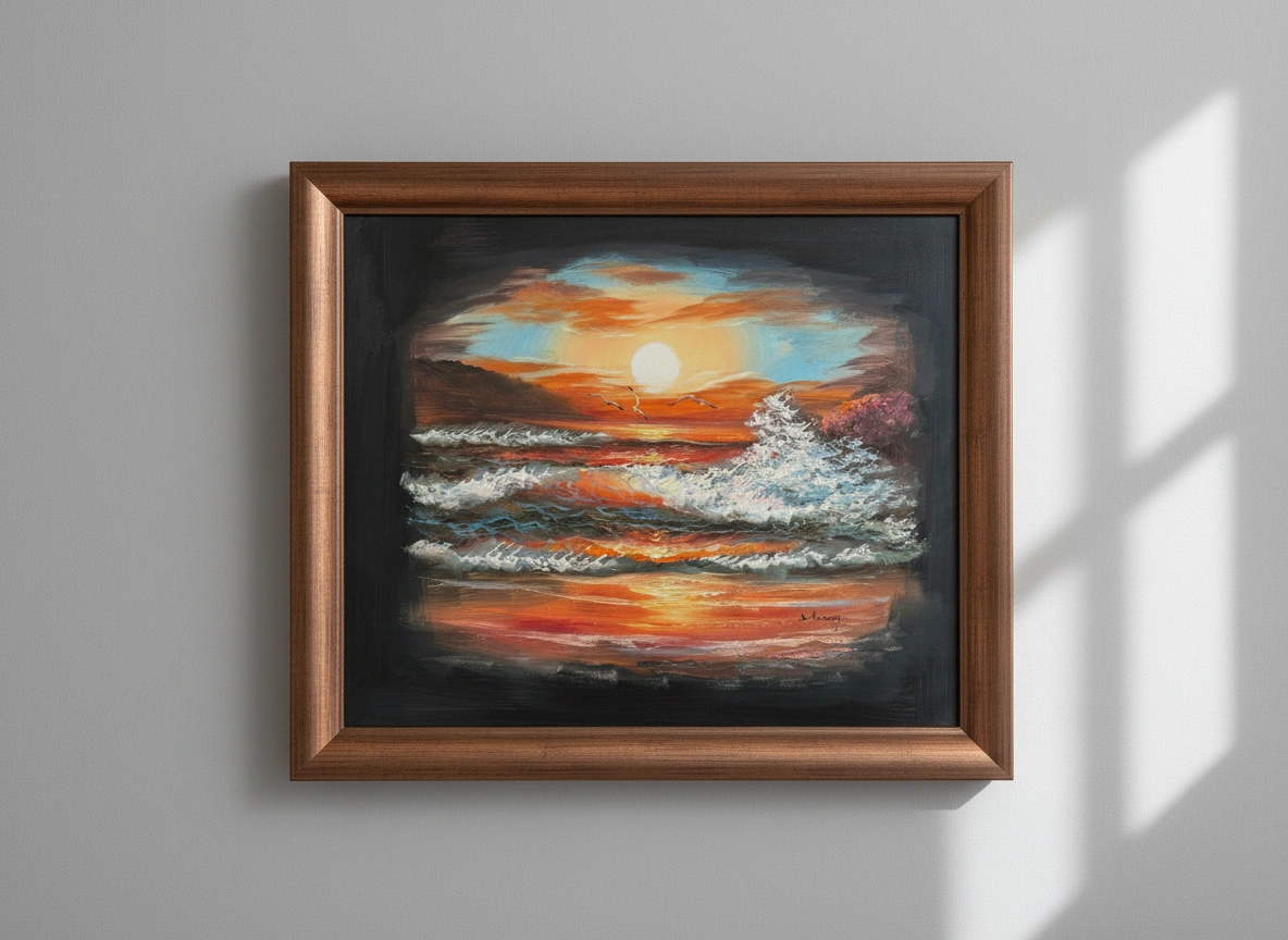 Framed painting of a sunset over water on a gray wall