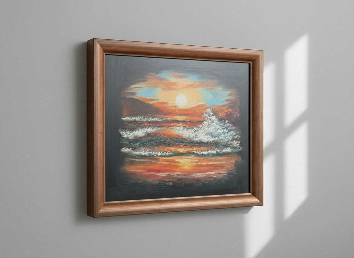 Framed artwork of a sunset scene on a gray wall