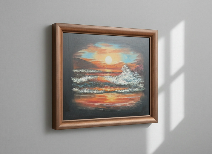 Framed artwork of a sunset scene on a gray wall