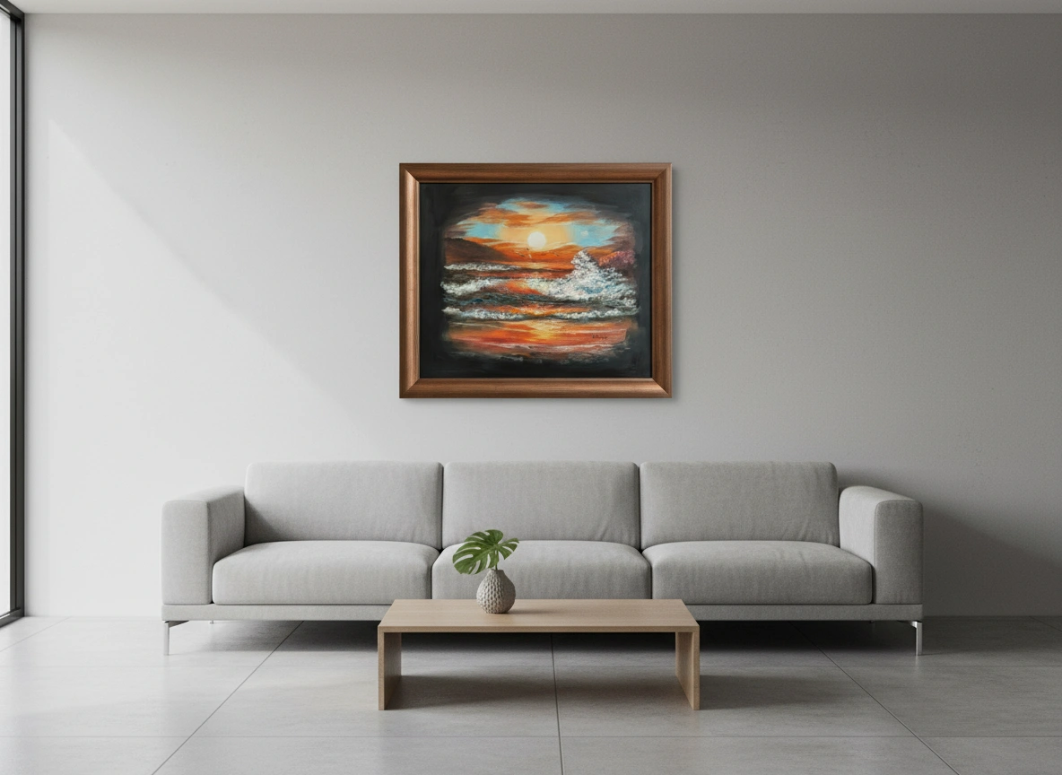 Framed abstract painting on a wall above a gray sofa in a modern living room.
