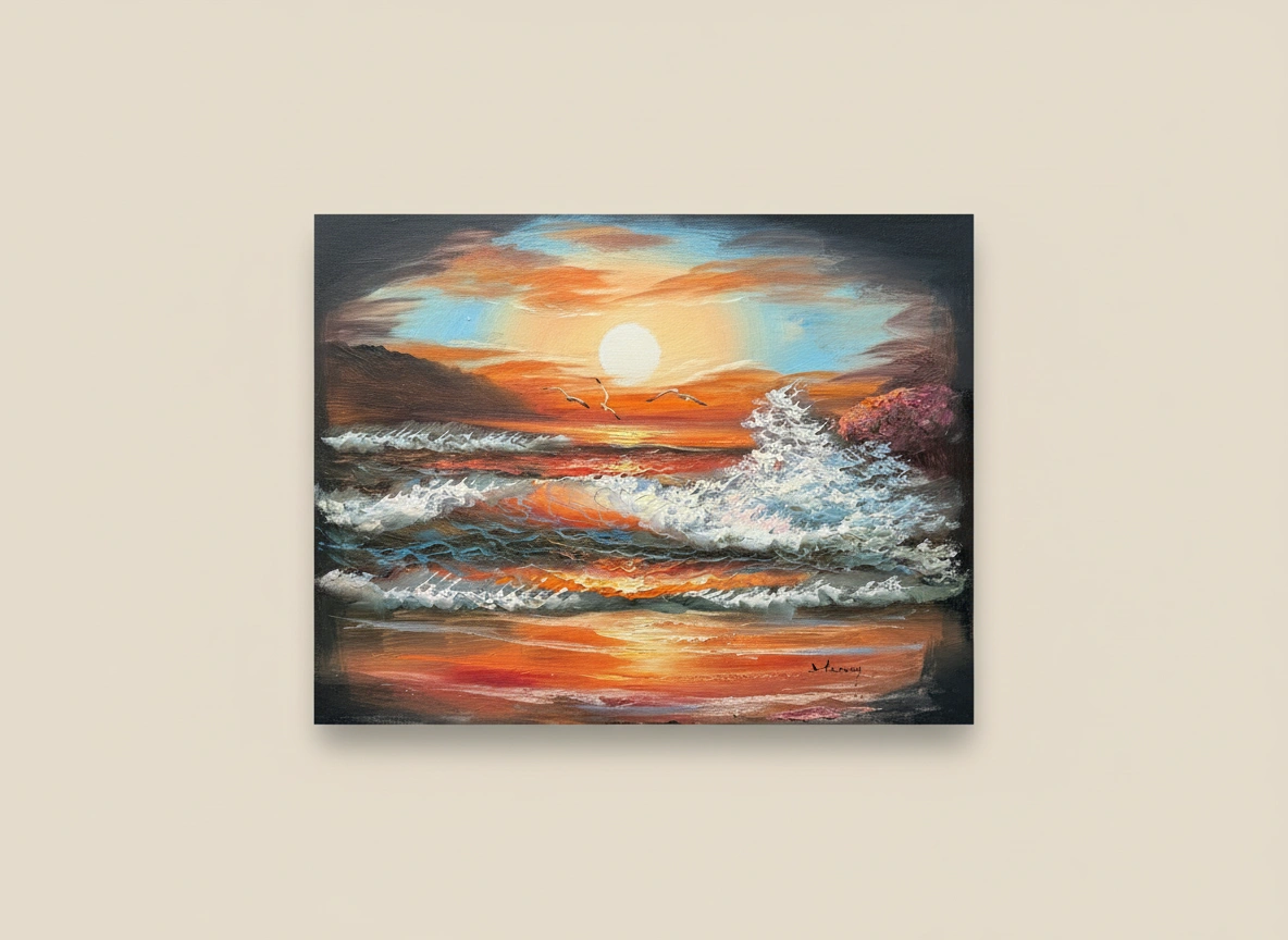 Painting of a sunset over water on a beige wall