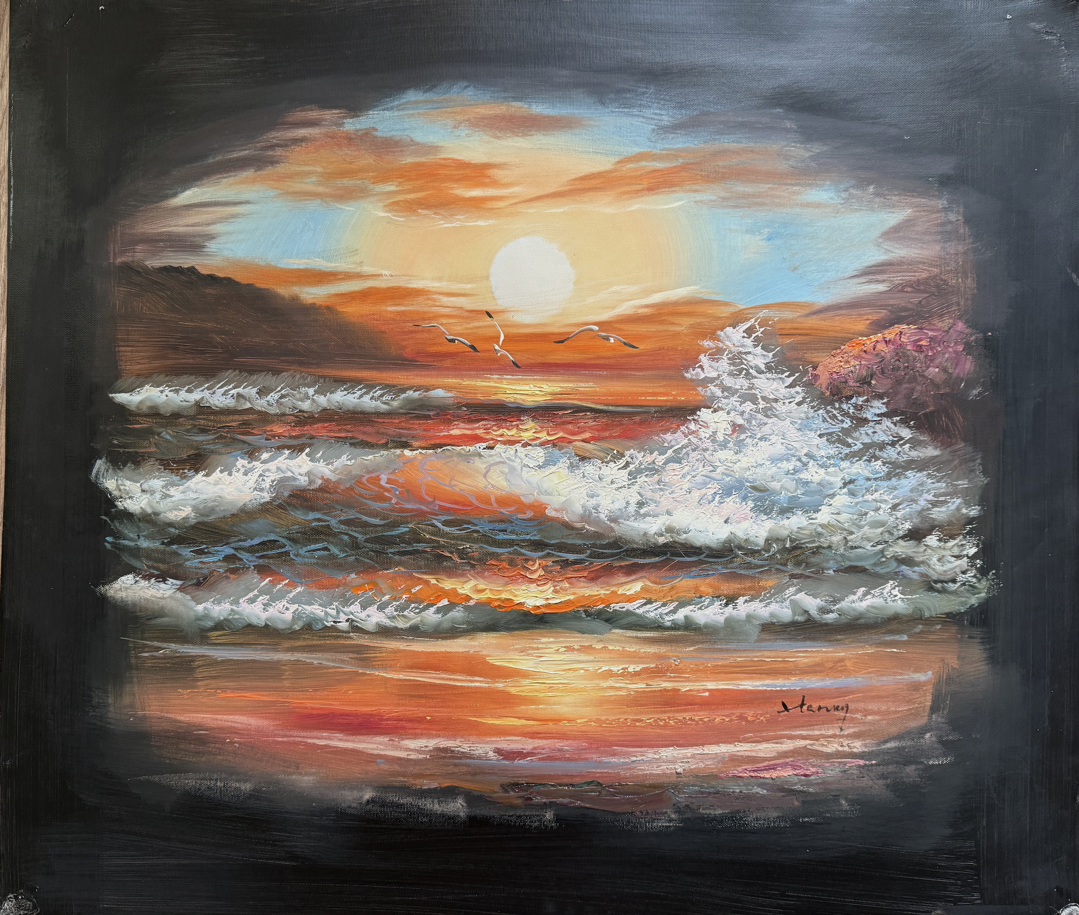 Painting of a sunset over the ocean with birds flying.