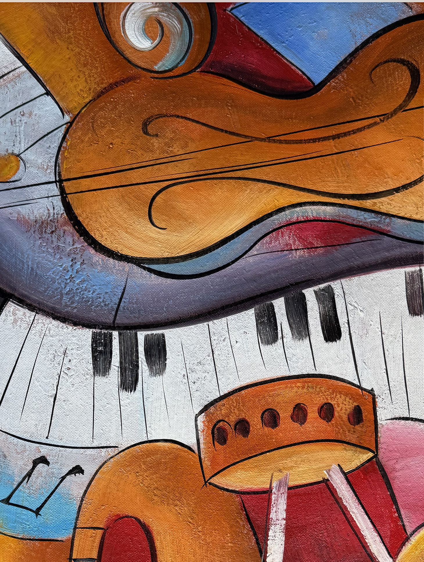 Abstract artwork of a cello and piano keys with colorful background