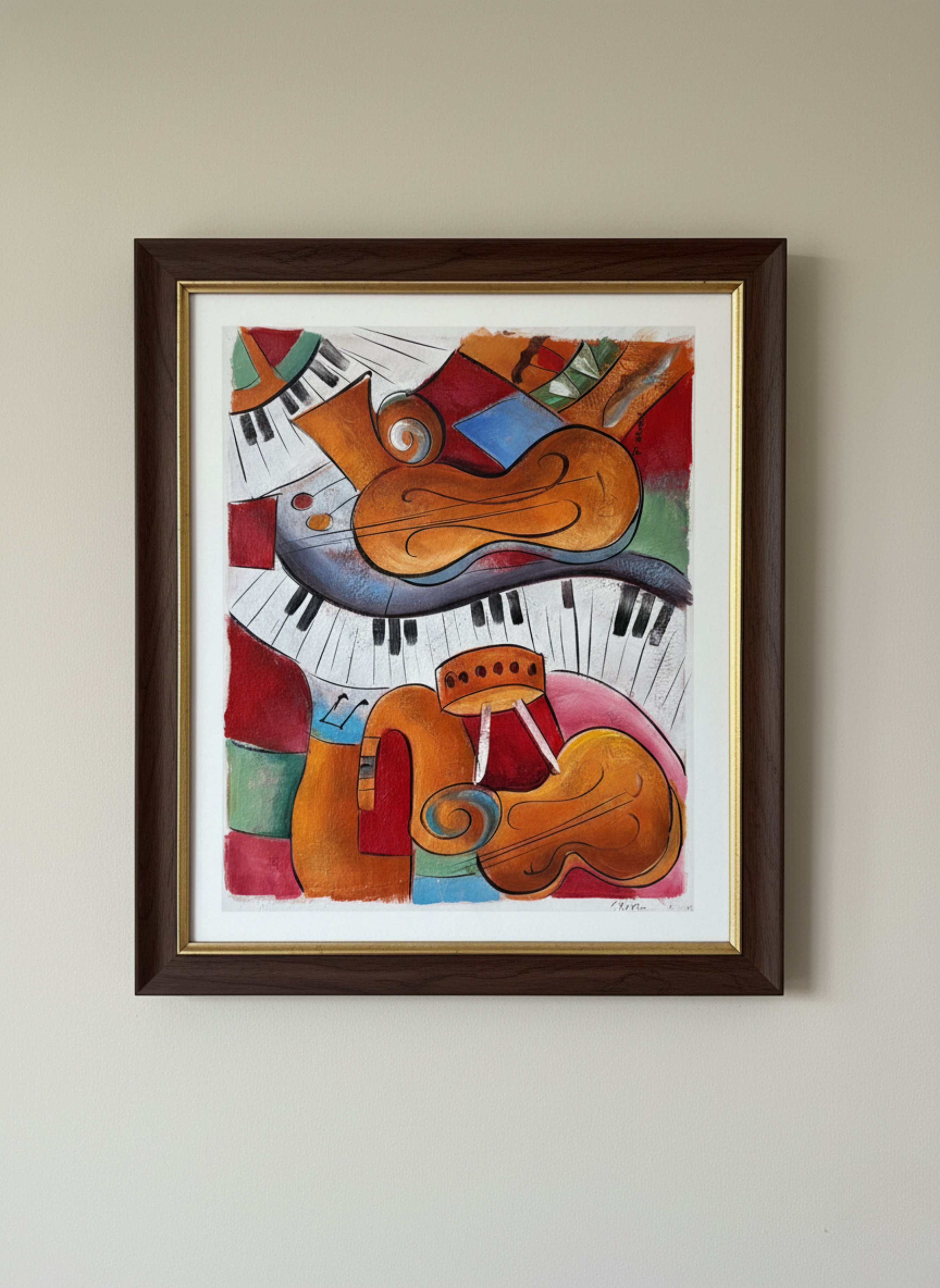 Framed abstract artwork with musical instruments on a beige wall