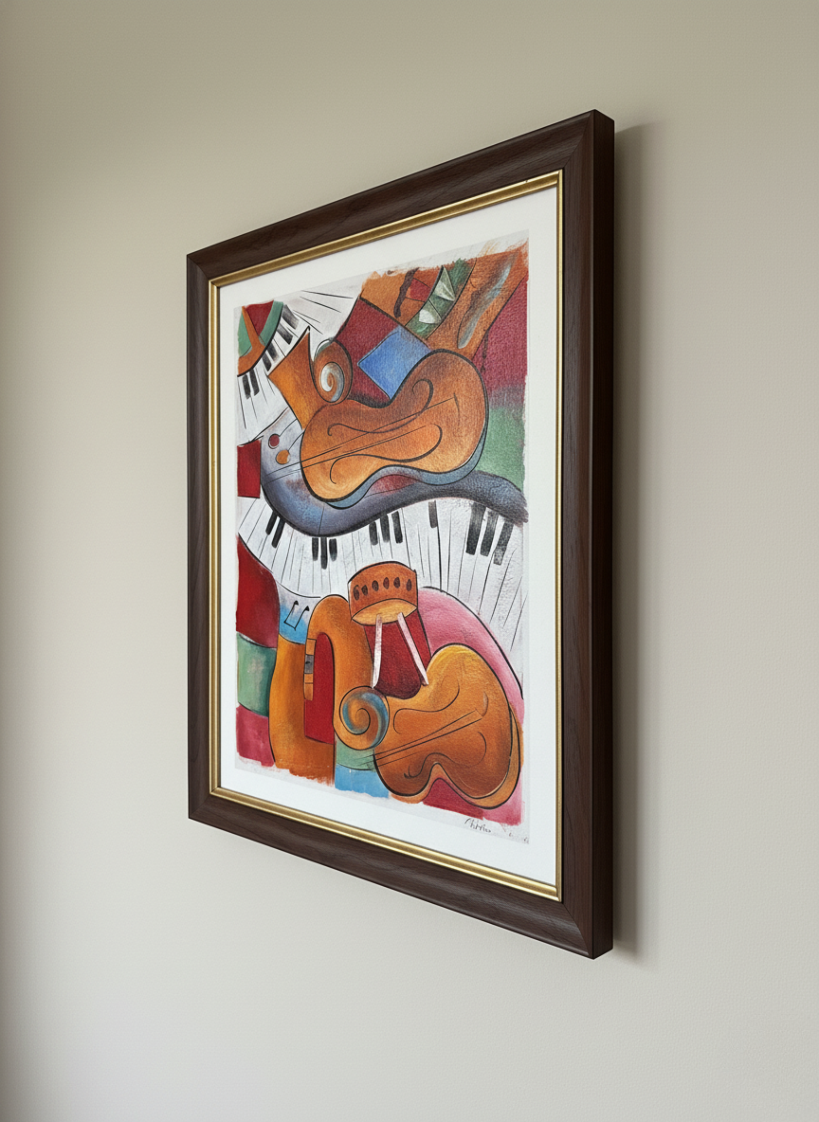 Framed abstract artwork with colorful musical instruments on a beige wall