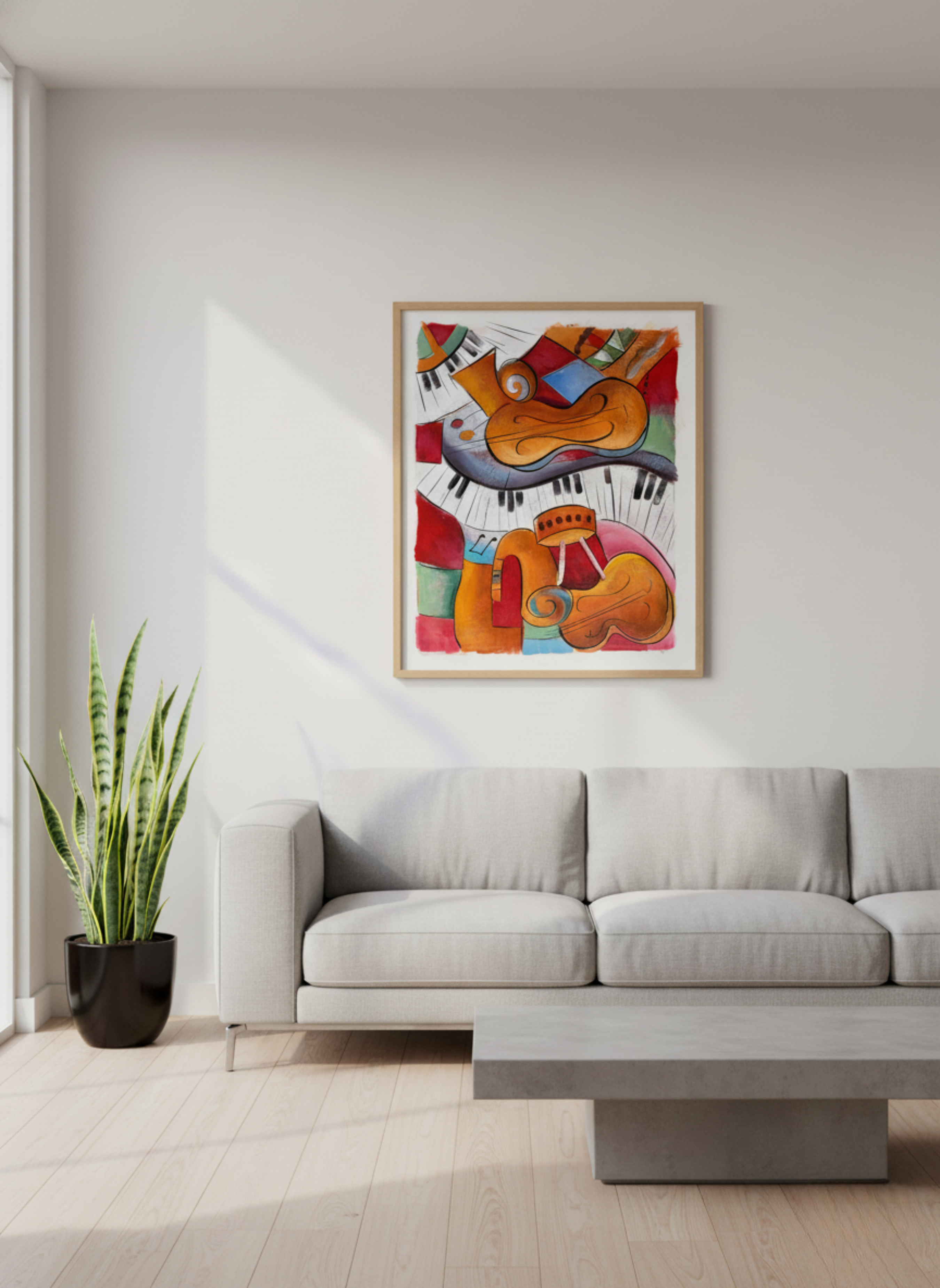 Modern living room with a colorful abstract painting on the wall, a gray sofa, and a potted plant.