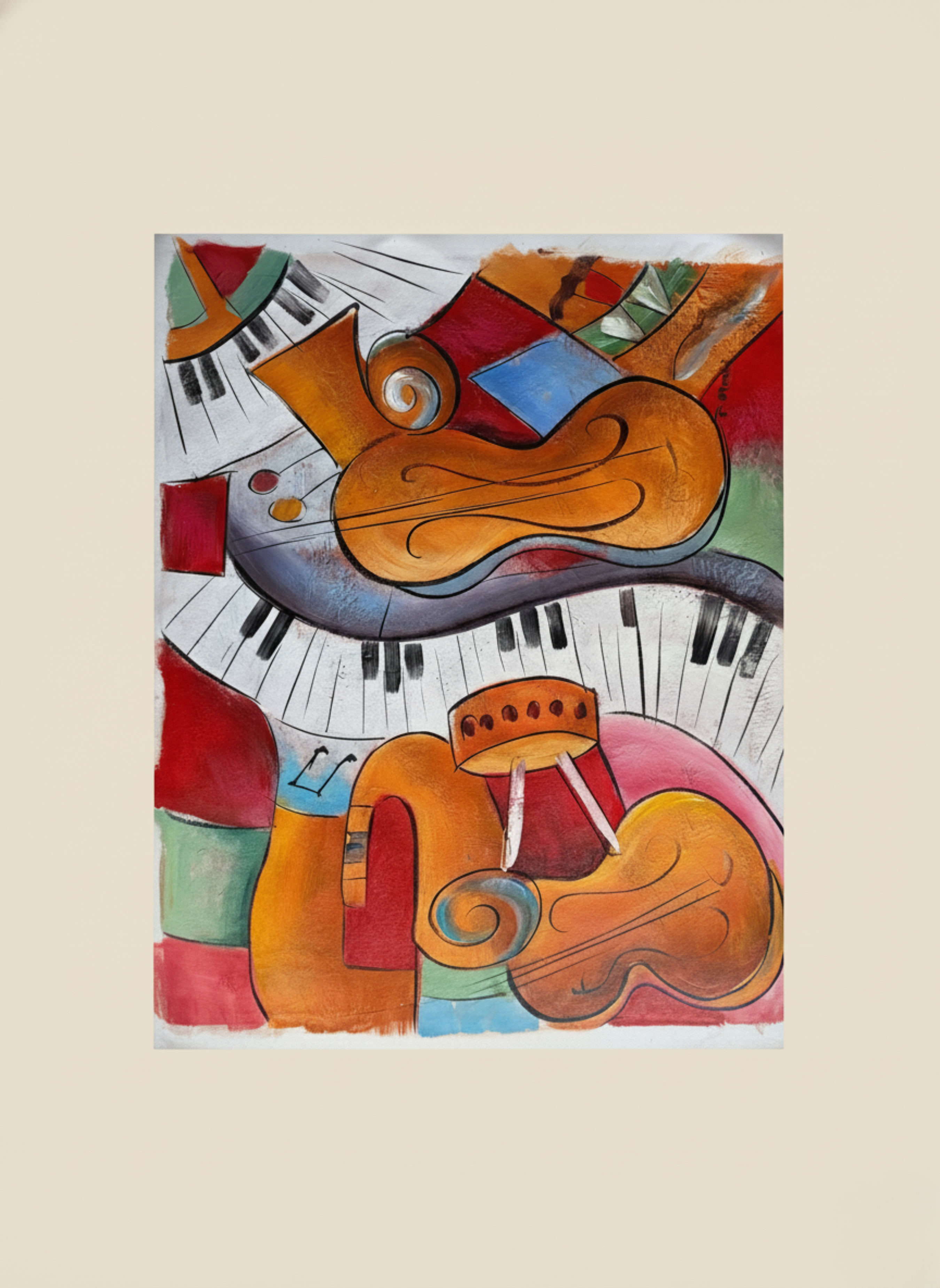 Abstract artwork with musical instruments on a beige background