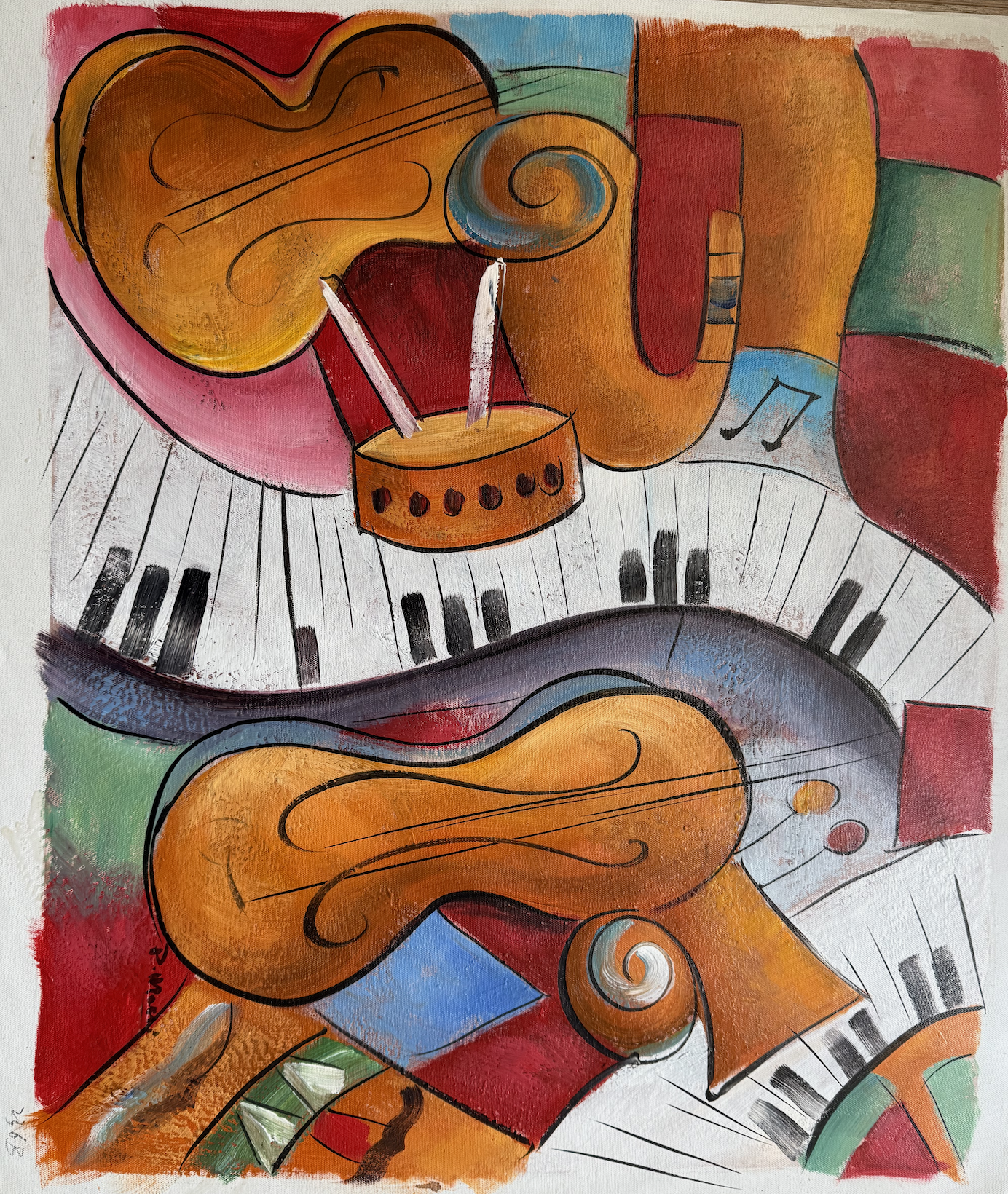 Abstract artwork with musical instruments and keyboard