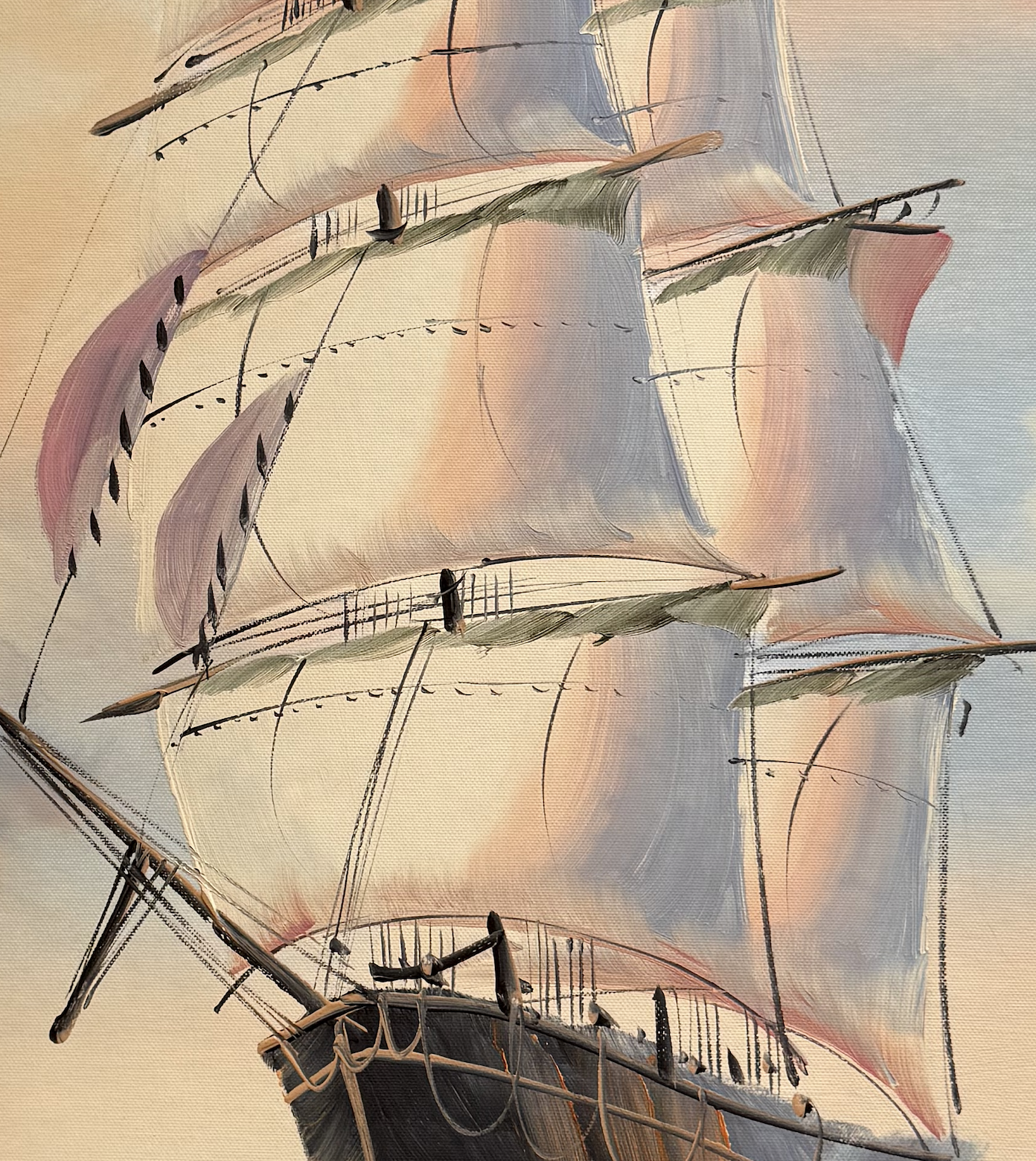 Illustration of a large sailing ship with multiple sails against a soft background